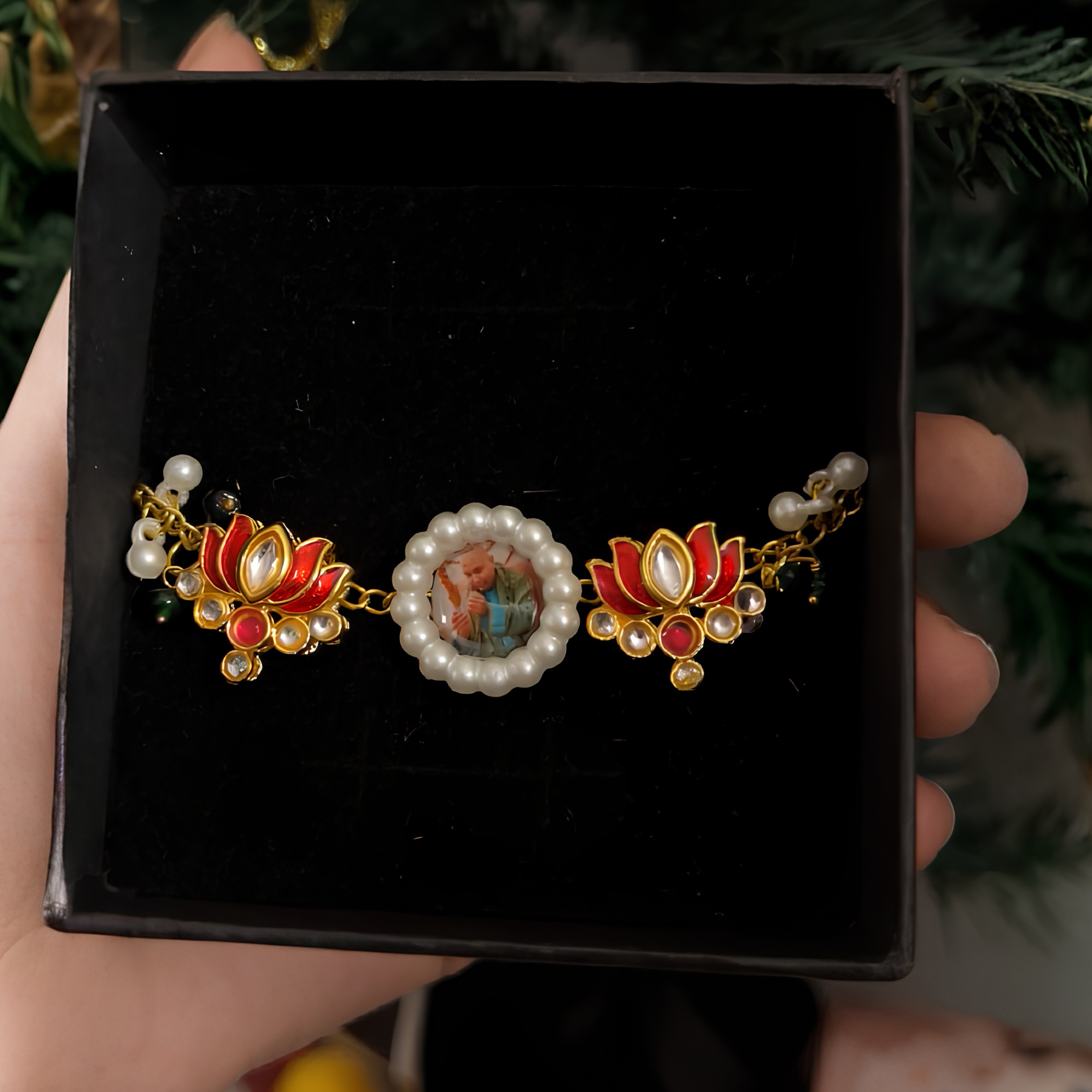 Guruji Aashirwad Bracelet: Featuring Vibrant Red Lotus & Stone Accents