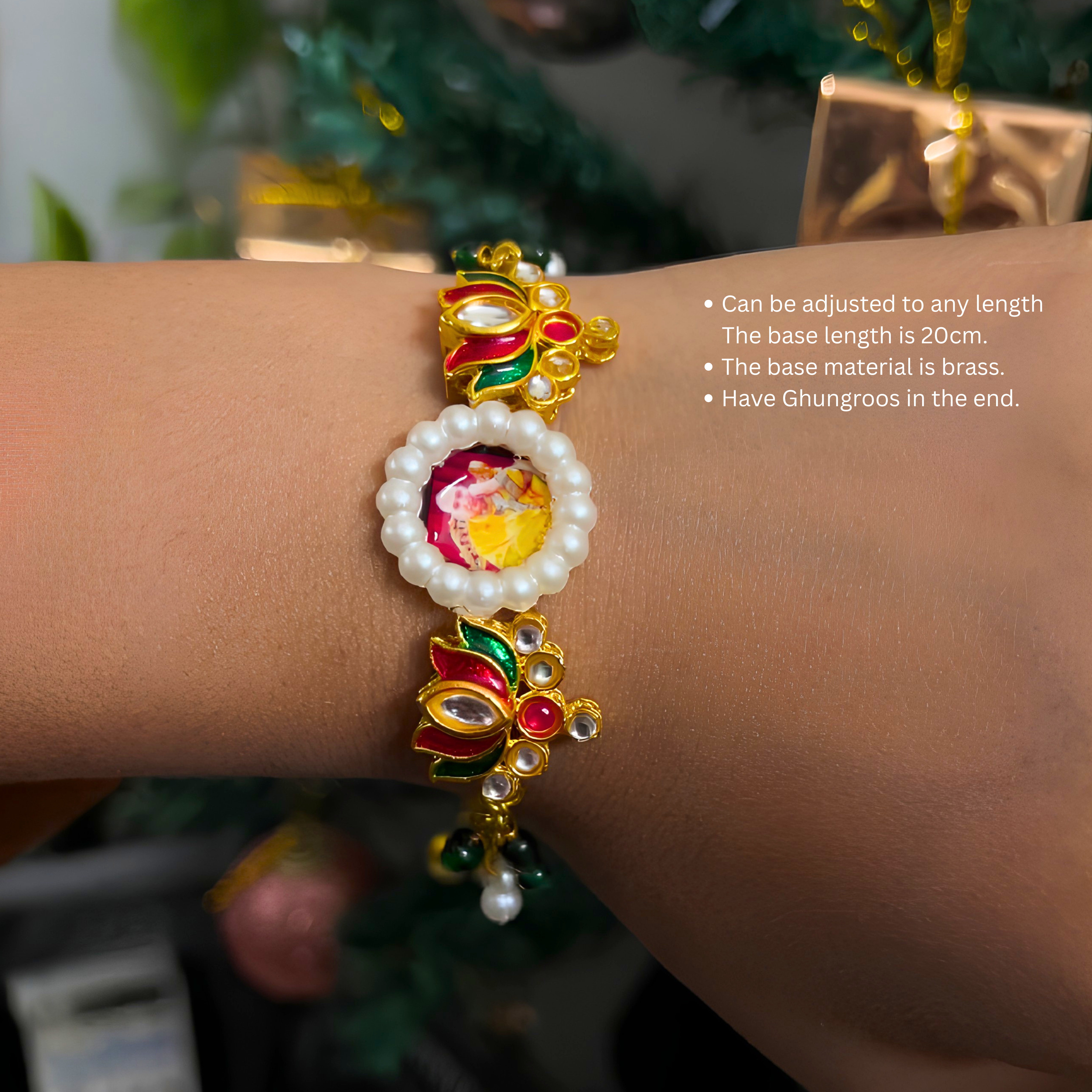 Tri-Color Harmony: Guruji Swaroop Bracelet with Red & Green Lotus Enamel