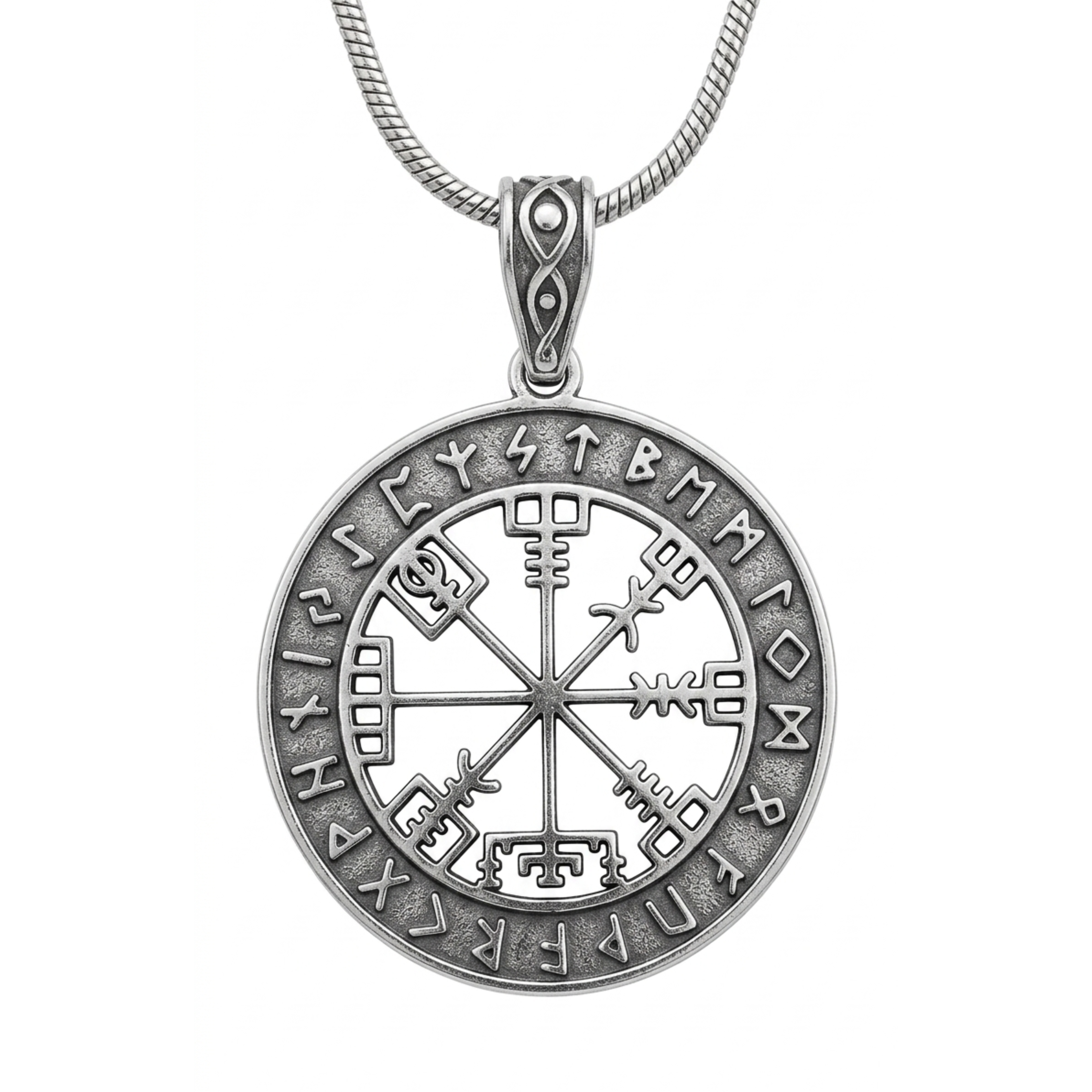 Nordic Rune Compass Pendant Necklace – Platinum Plated Stainless Steel Viking Medallion