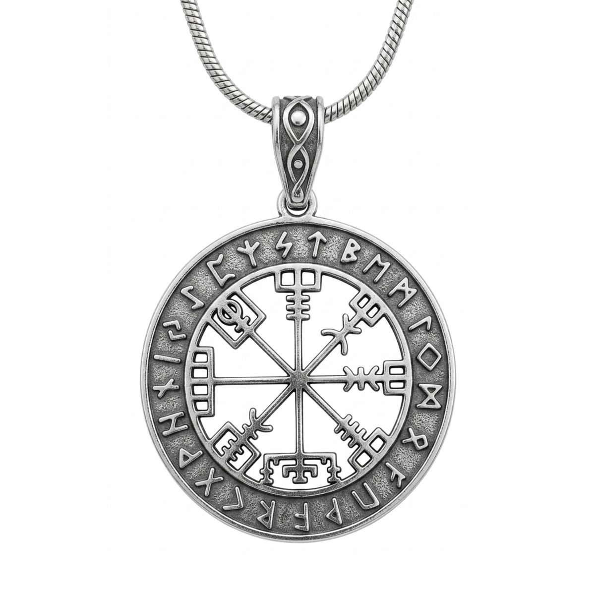 Nordic Rune Compass Pendant Necklace – Platinum Plated Stainless Steel Viking Medallion