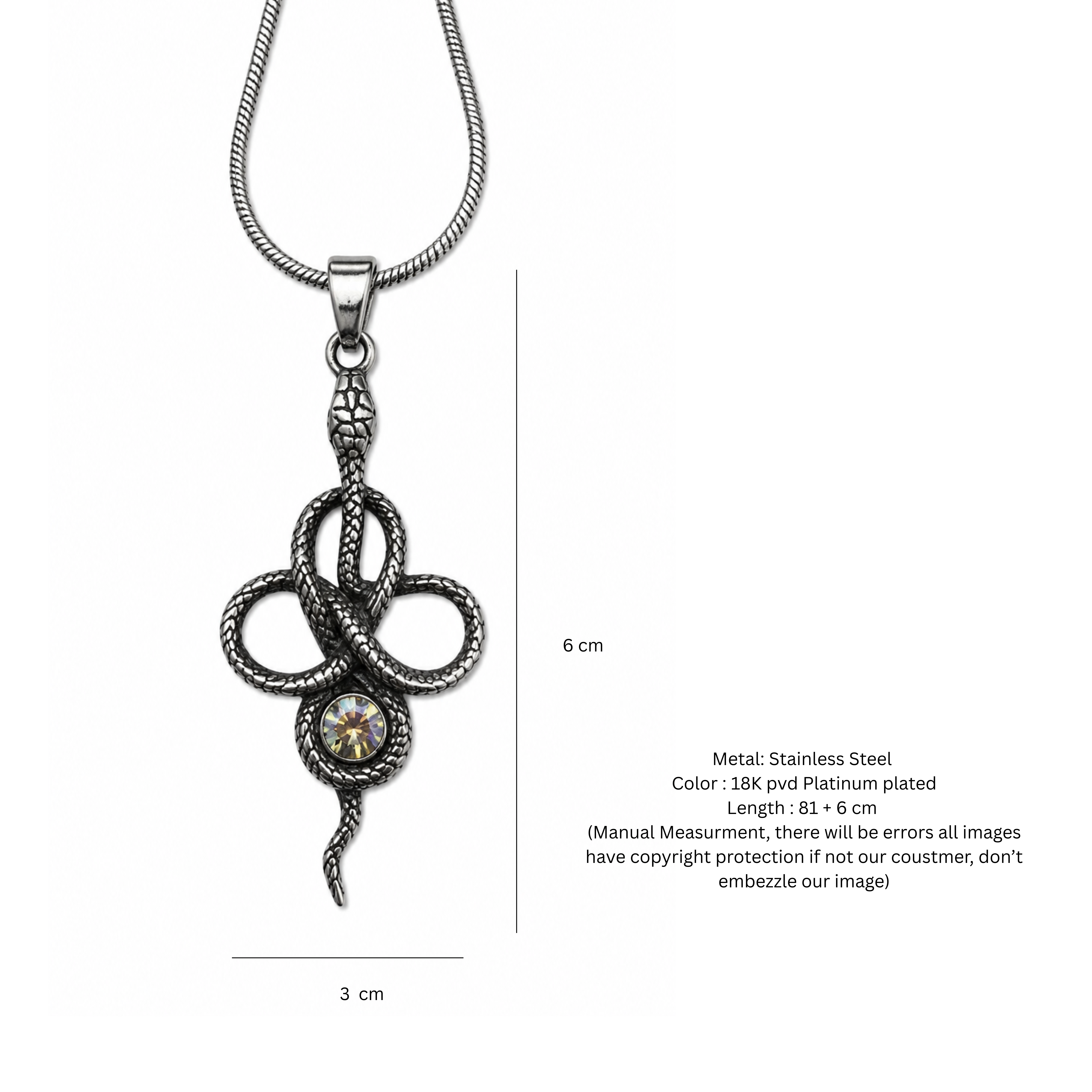 Serpent Eclipse Pendant Necklace – Platinum Plated Stainless Steel Snake Pendant