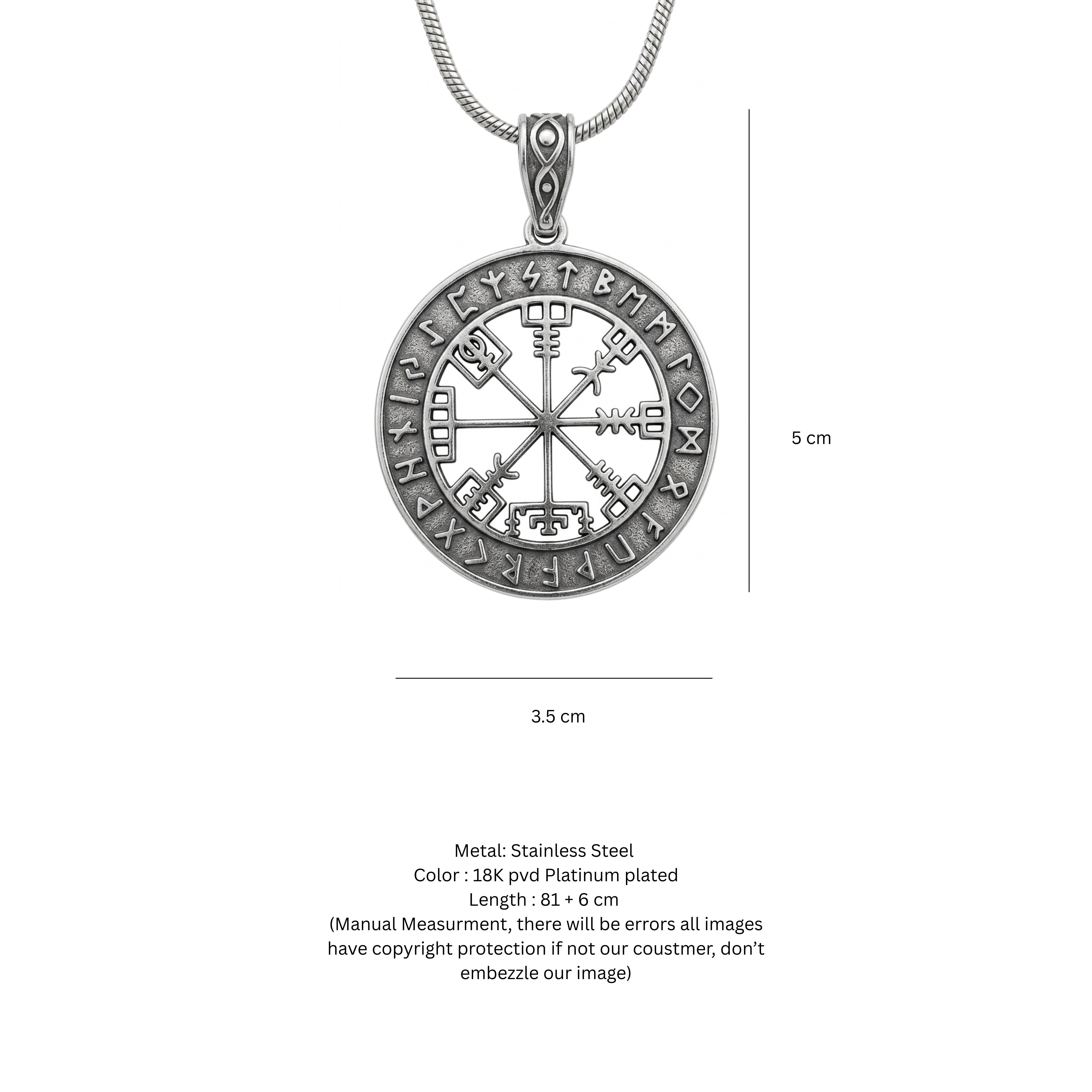 Nordic Rune Compass Pendant Necklace – Platinum Plated Stainless Steel Viking Medallion