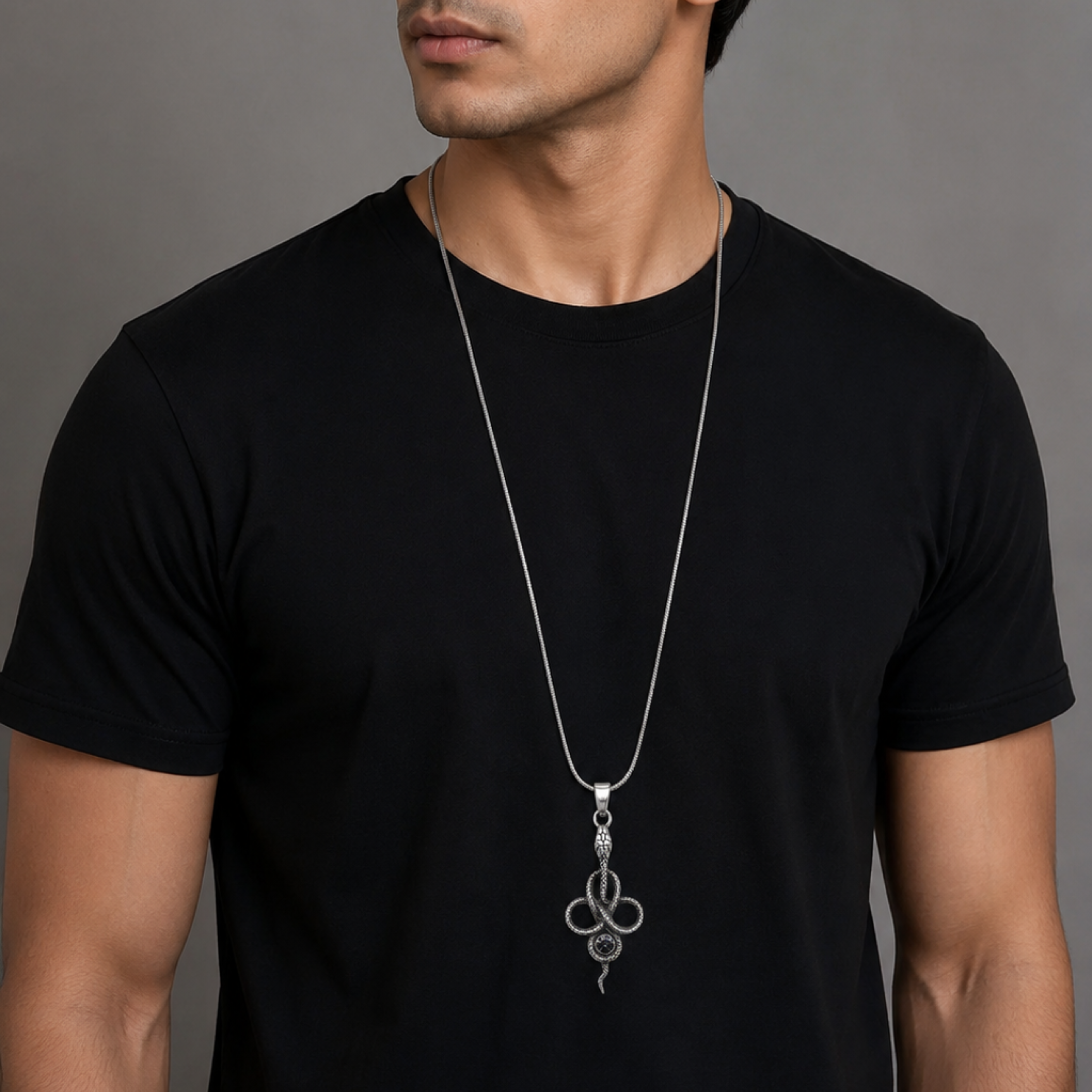 Serpent Eclipse Pendant Necklace – Platinum Plated Stainless Steel Snake Pendant