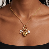 18K Gold Plated Heart Charm Necklace with Crystal Cross & Baroque Pearl Accent