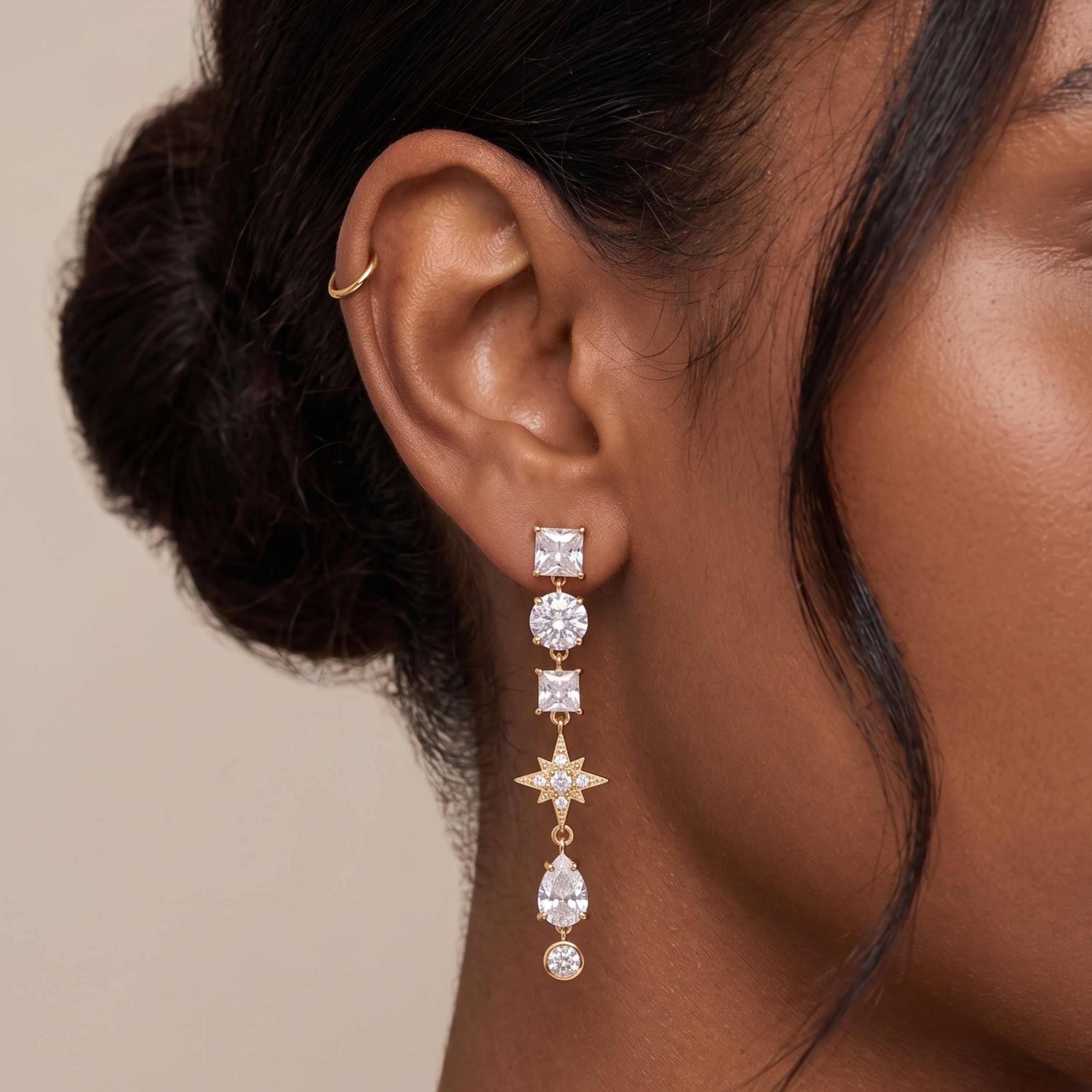 Celestial Elegance: 18K Gold Plated Cubic Zirconia Starburst Drop Earrings