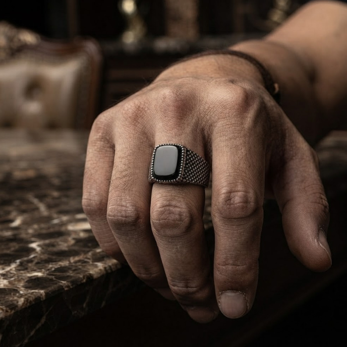 Men's Vintage Textured Black Stone Signet Ring in Stainless Steel