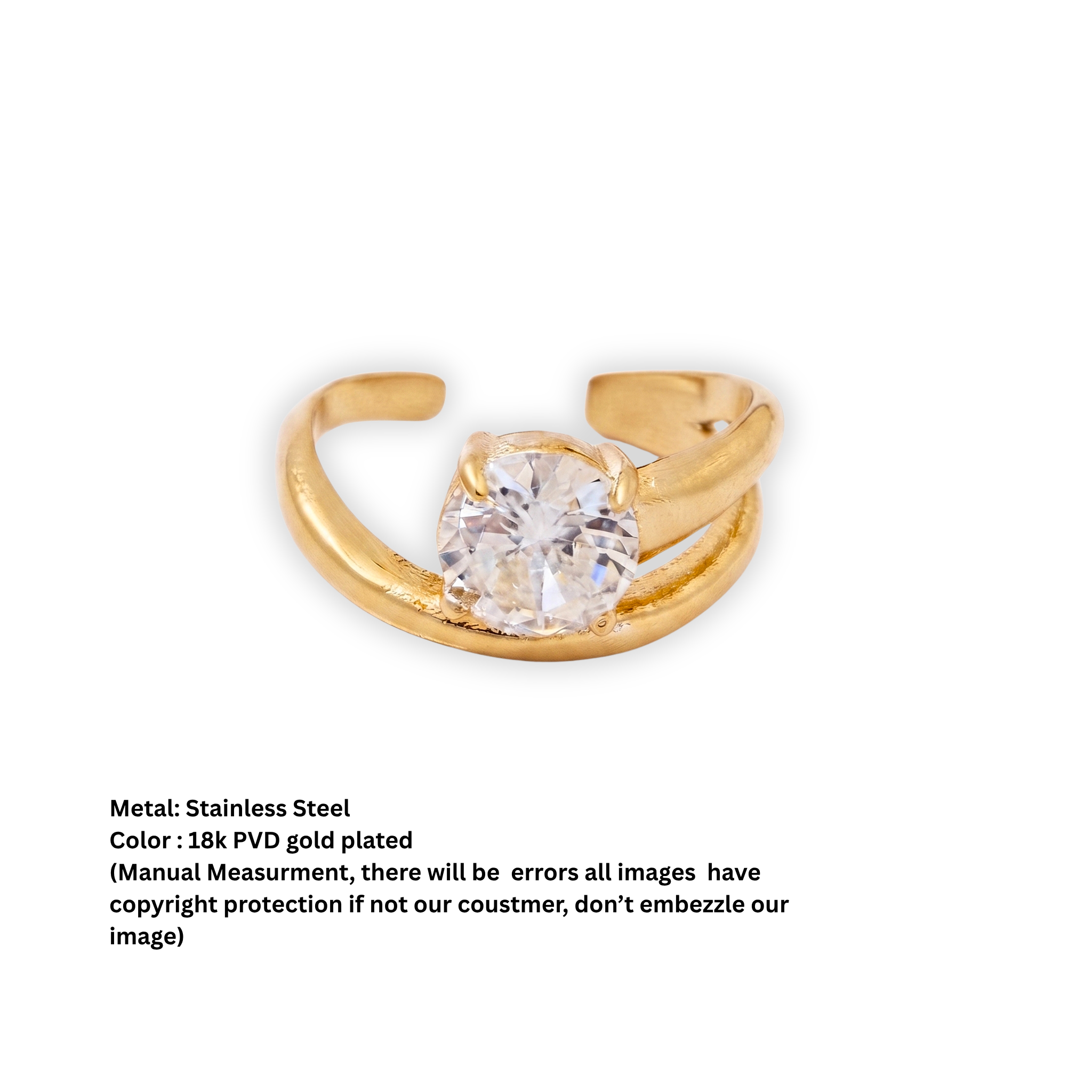 Gold-Plated Bypass Solitaire Adjustable Ring with Round Brilliant Stone