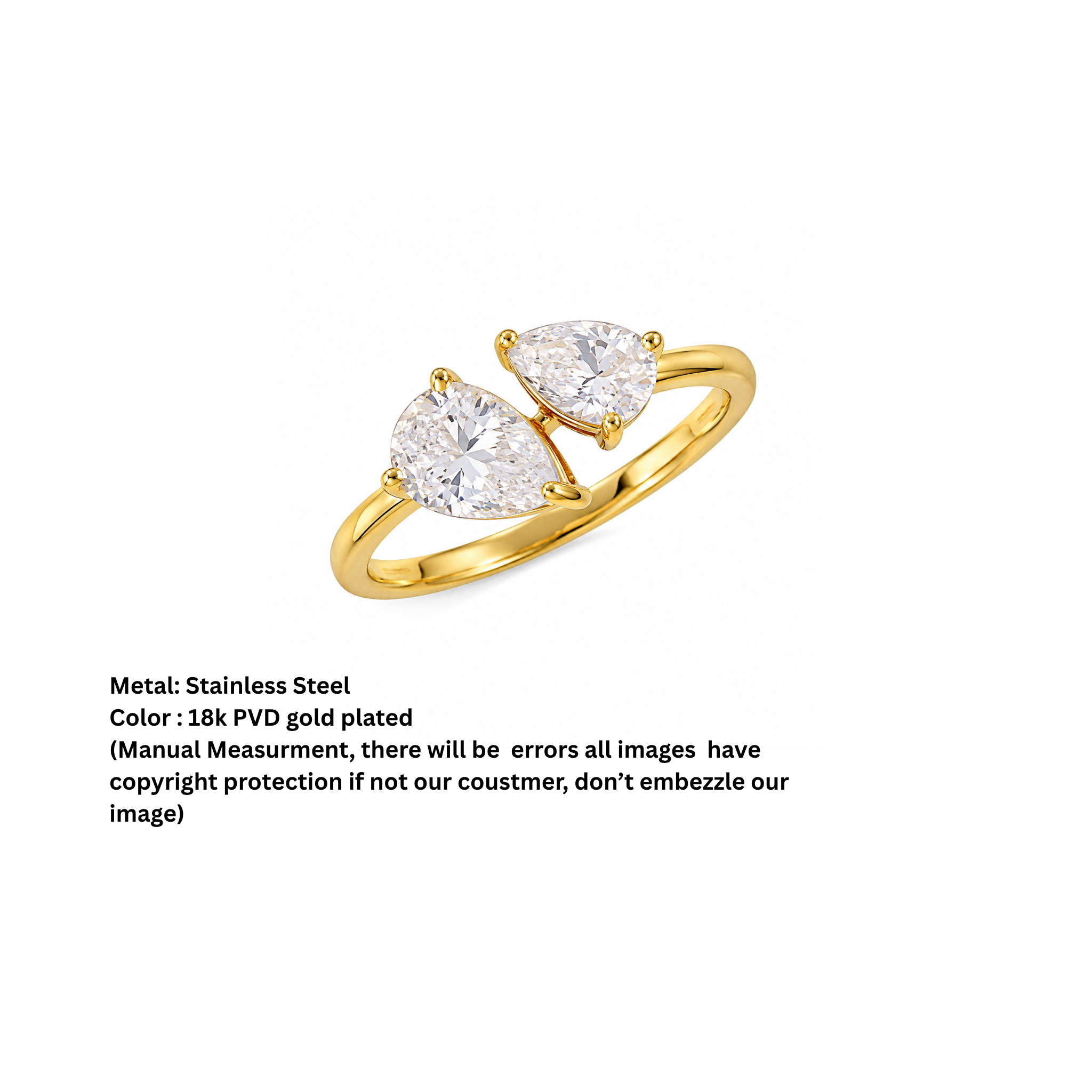 Elegant Double Pear-Cut Crystal Gold Plated Ring for Women