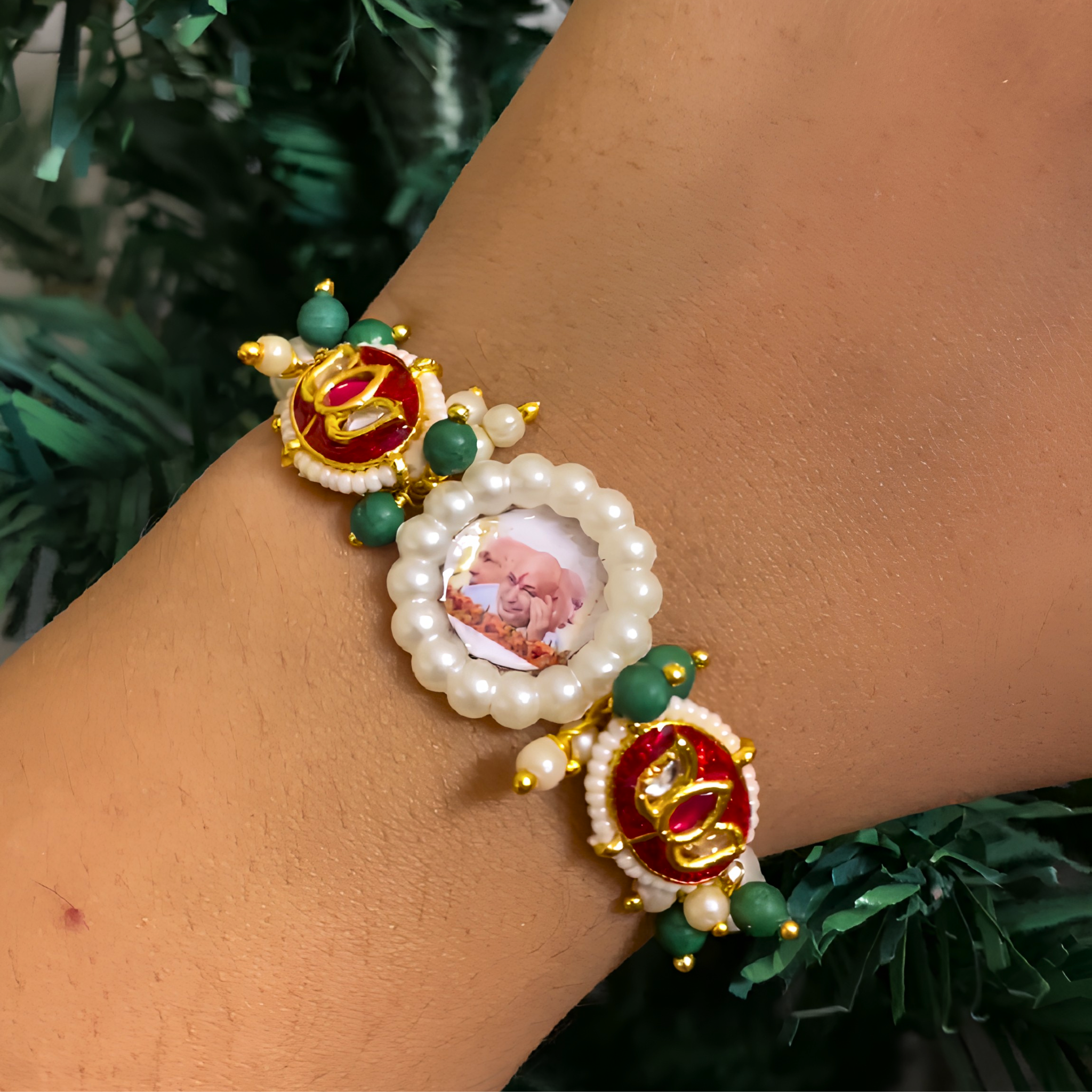 Guru Ji Sacred Blessings Pearl Bracelet with Royal Red Meenakari Lotus Sidebands