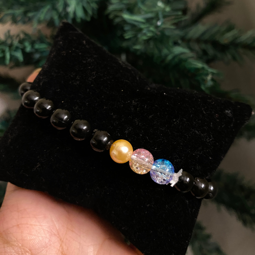 Sacred Trinity Protection Bracelet – Black Onyx & Pastel Gemstones with Deity & Guru Photo Pendant