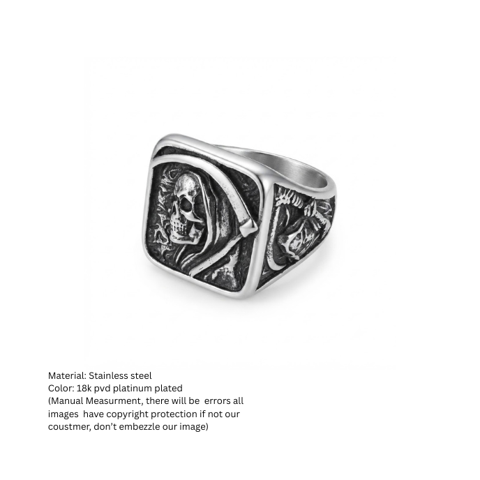 Men's Vintage Grim Reaper Skull Signet Ring in Stainless Steel