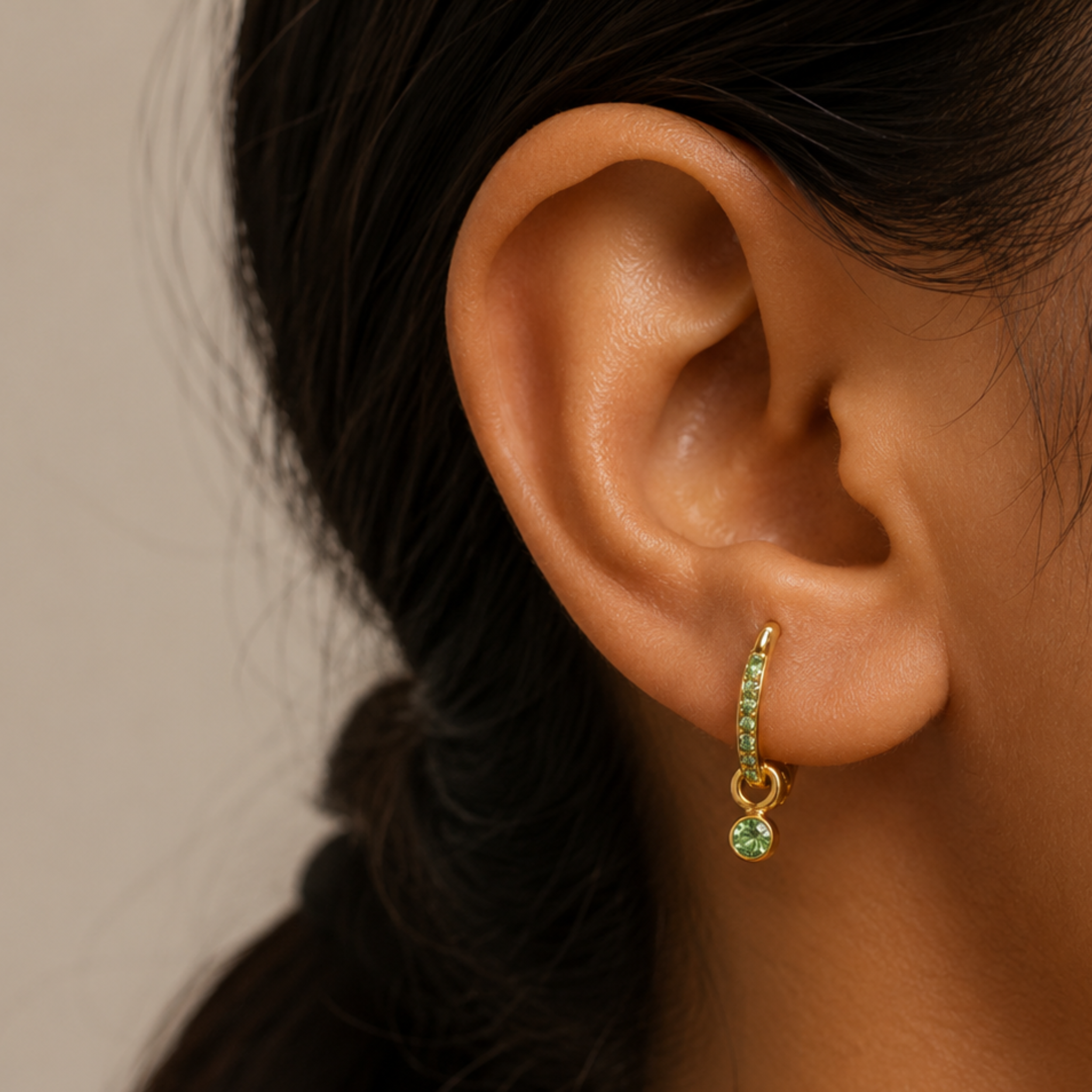 Peridot Green Crystal Huggie Hoop Earrings with Interlocking Dangle Charm