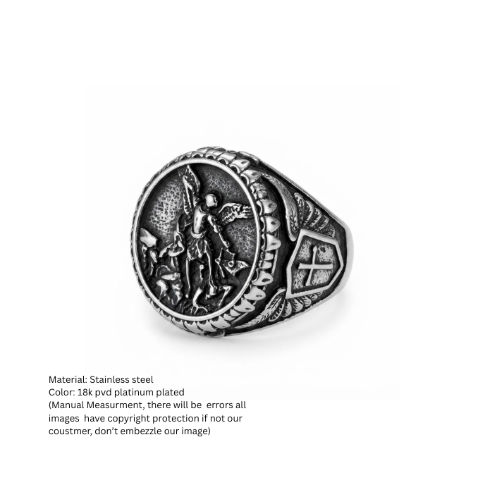 Men's Vintage Saint Michael Archangel Shield Signet Ring in Antique Silver Finish