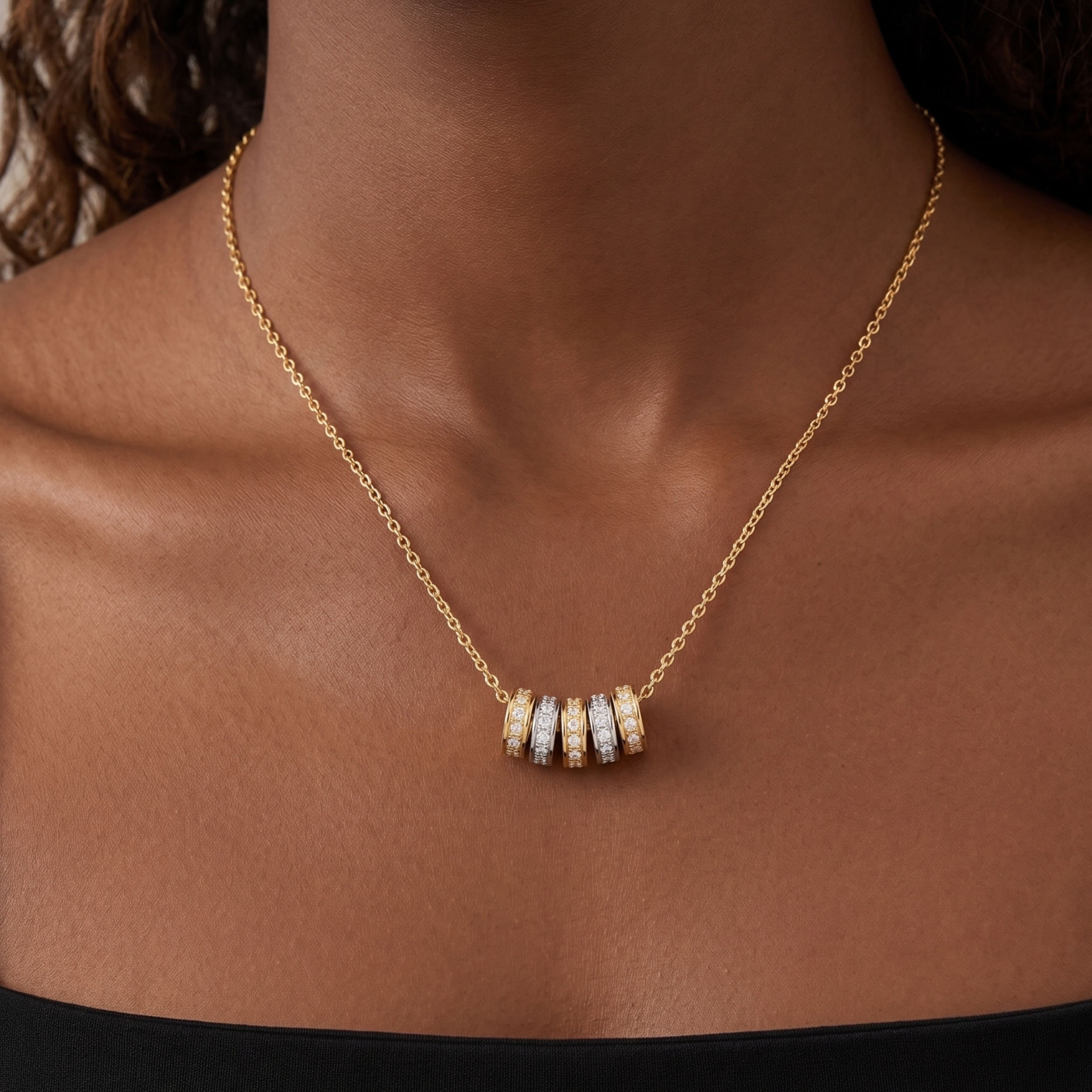 Two-Tone Mixed Metal 5-Ring Rondelle Charm Necklace with Pave Crystals