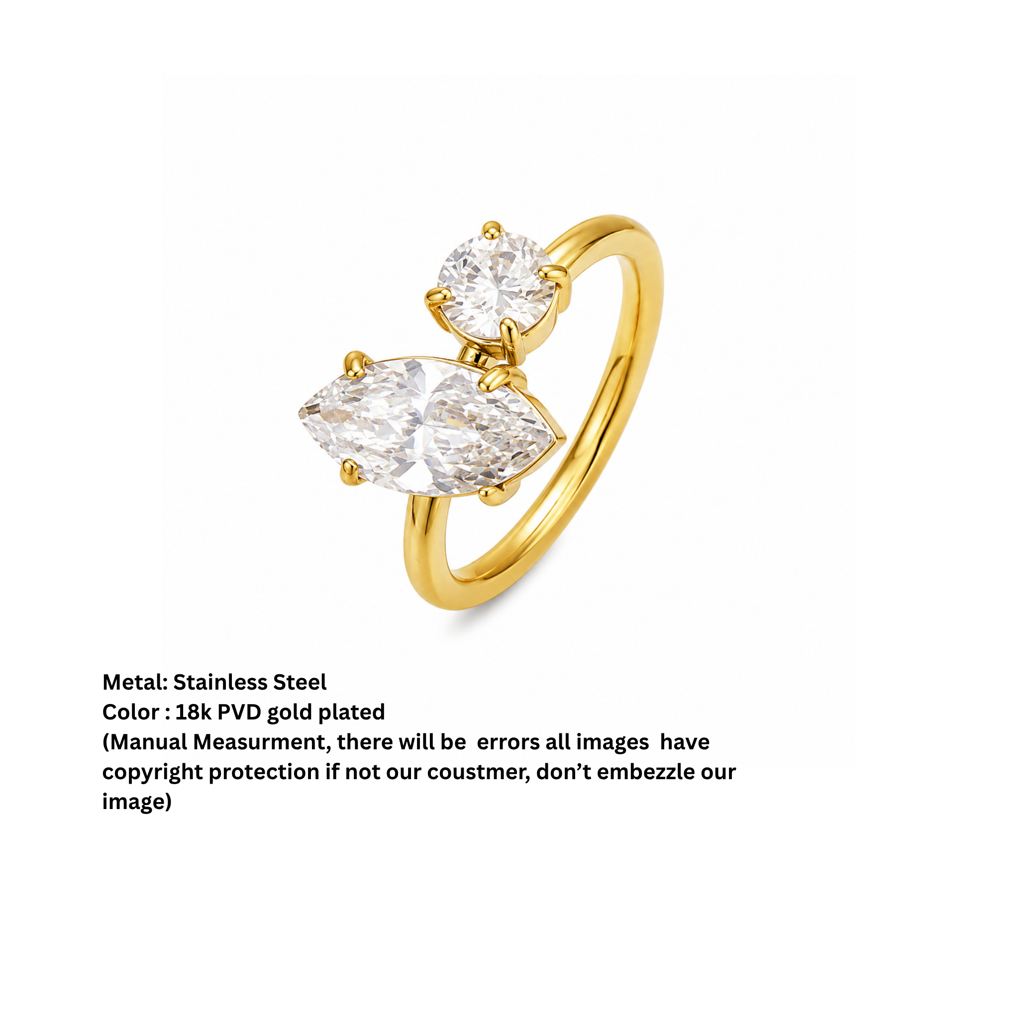 Elegant Dual Stone Gold Plated Statement Ring for Women | Round & Marquise Cut Sparkling Stones