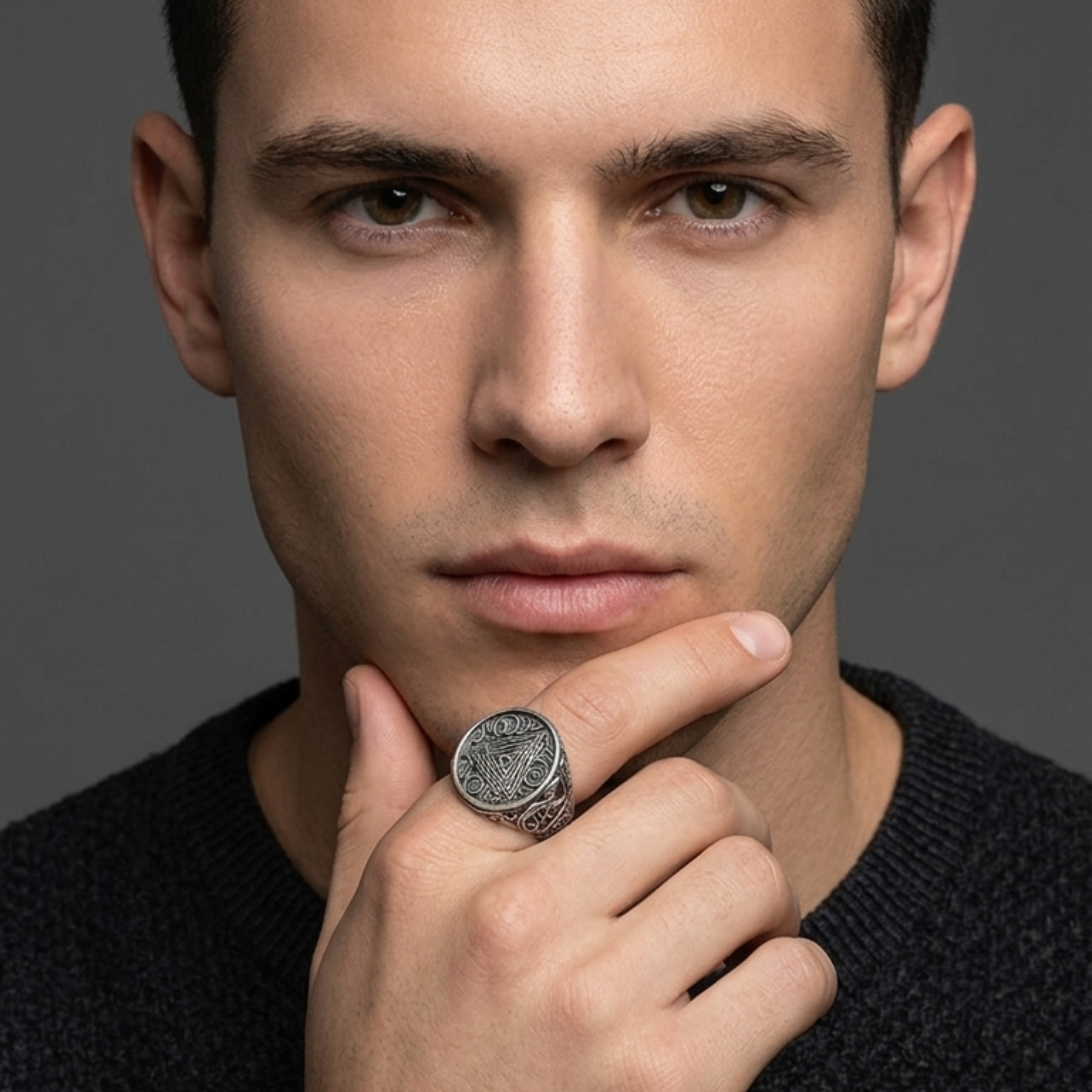 Nordic Valknut Signet Ring in Oxidized Sterling Silver
