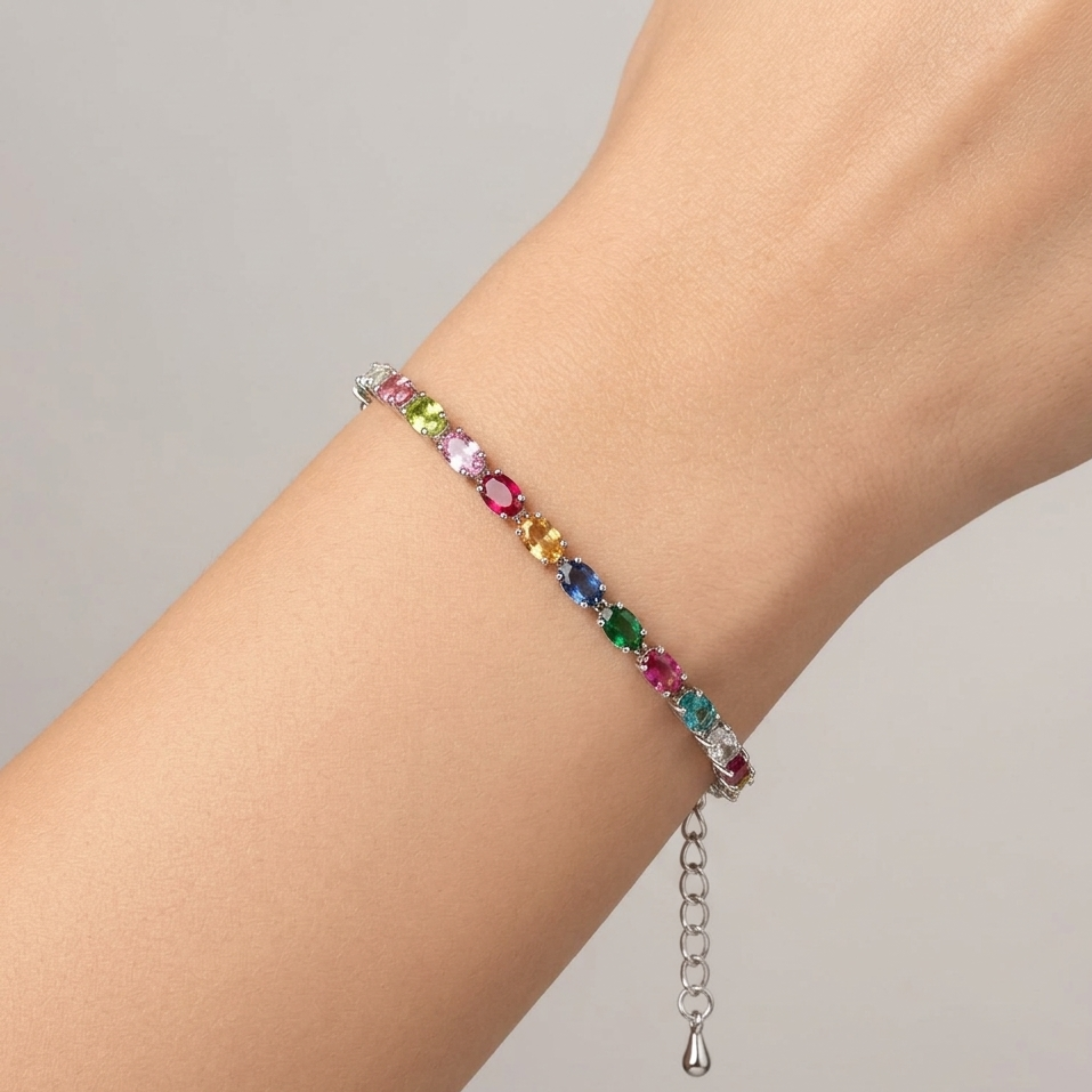 Rainbow Cascade Multicolor Gemstone Sterling Silver Tennis Bracelet