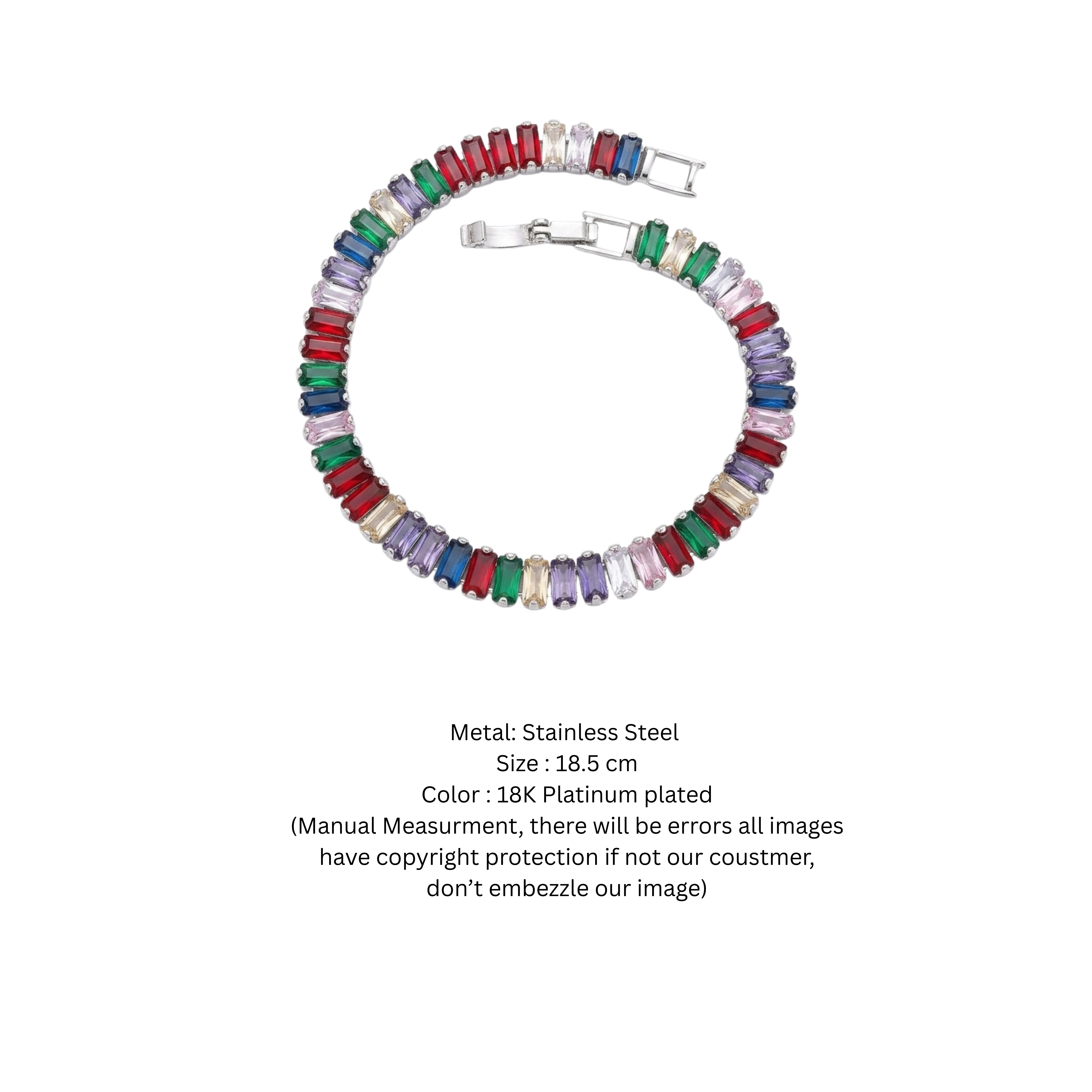 Multi-Color Baguette Cut Crystal Tennis Bracelet in Silver Finish