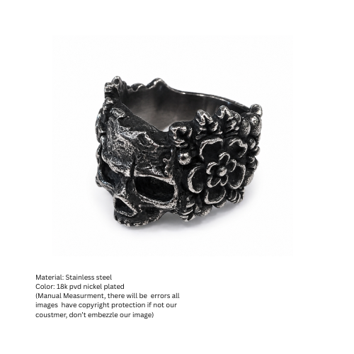 Gothic Floral Skull Ring in Antiqued Silver