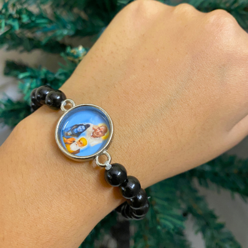 Sacred Trinity Protection Bracelet – Black Onyx & Pastel Gemstones with Deity & Guru Photo Pendant