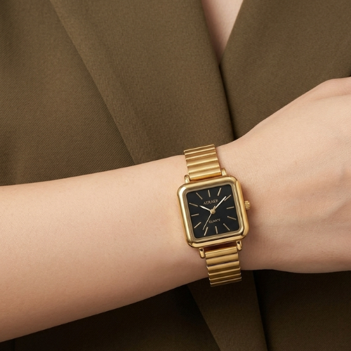 ATRAER Women's Square Gold-Tone Expansion Band Watch with Minimalist Black Dial
