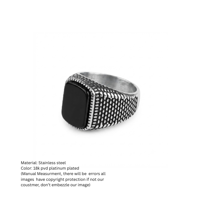 Men's Vintage Textured Black Stone Signet Ring in Stainless Steel