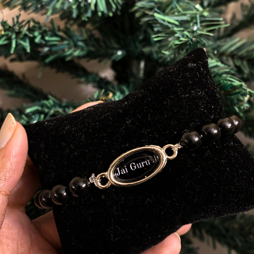 Classic Black Beads 'Jai Guru Ji' Devotional Bracelet with 'Om' Charm