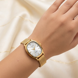 ATRAER Luxury Women’s Gold Mesh Quartz Watch – Oval Silver Dial with Diamond Accents