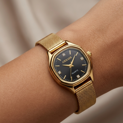 Elegant Women's Gold-Tone Quartz Watch | Black Octagonal Dial with Crystal Accents & Mesh Strap