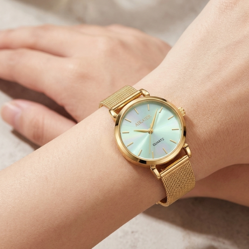 Elegant AI KAI ER Women's Gold-Tone Quartz Watch – Iridescent Light Green Dial with Premium Mesh Mesh Bracelet
