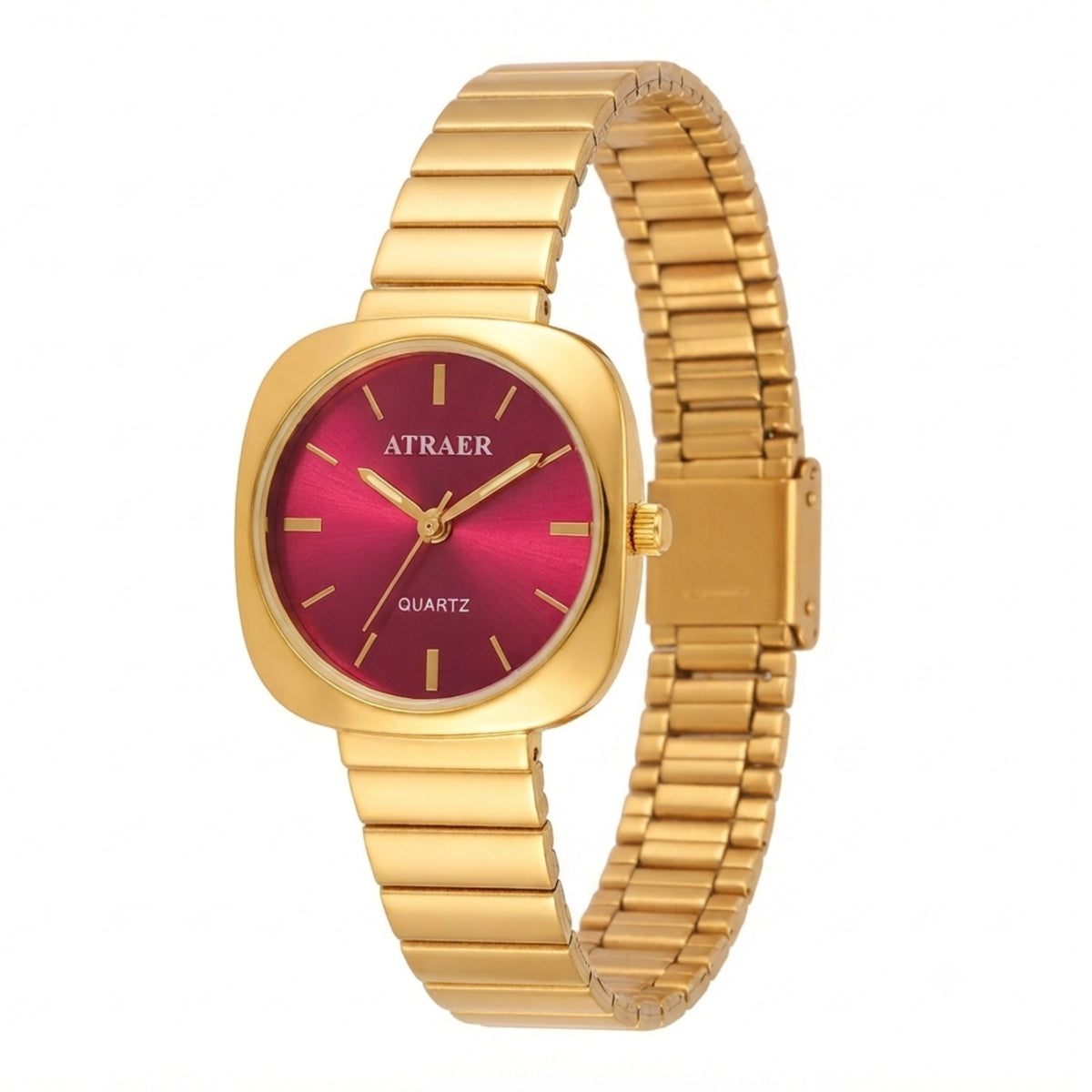 Atraer Luxury Ruby Red Dial Gold-Toned Stainless Steel Watch for Women