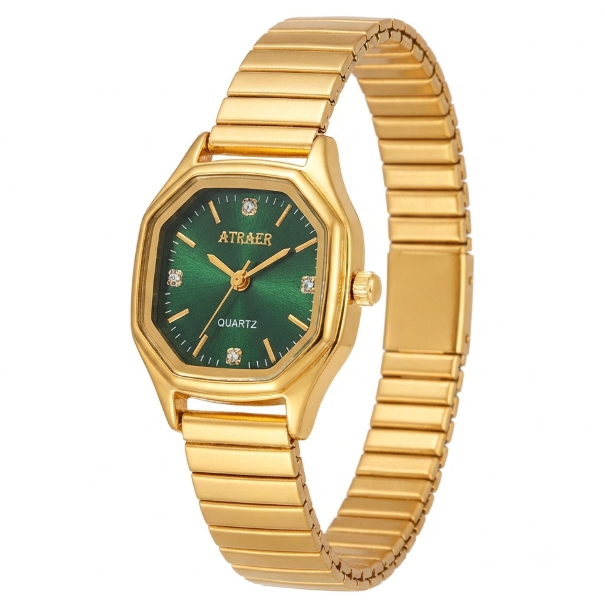 Atraer Luxury Emerald Green Dial Gold-Toned Stainless Steel Watch for Women