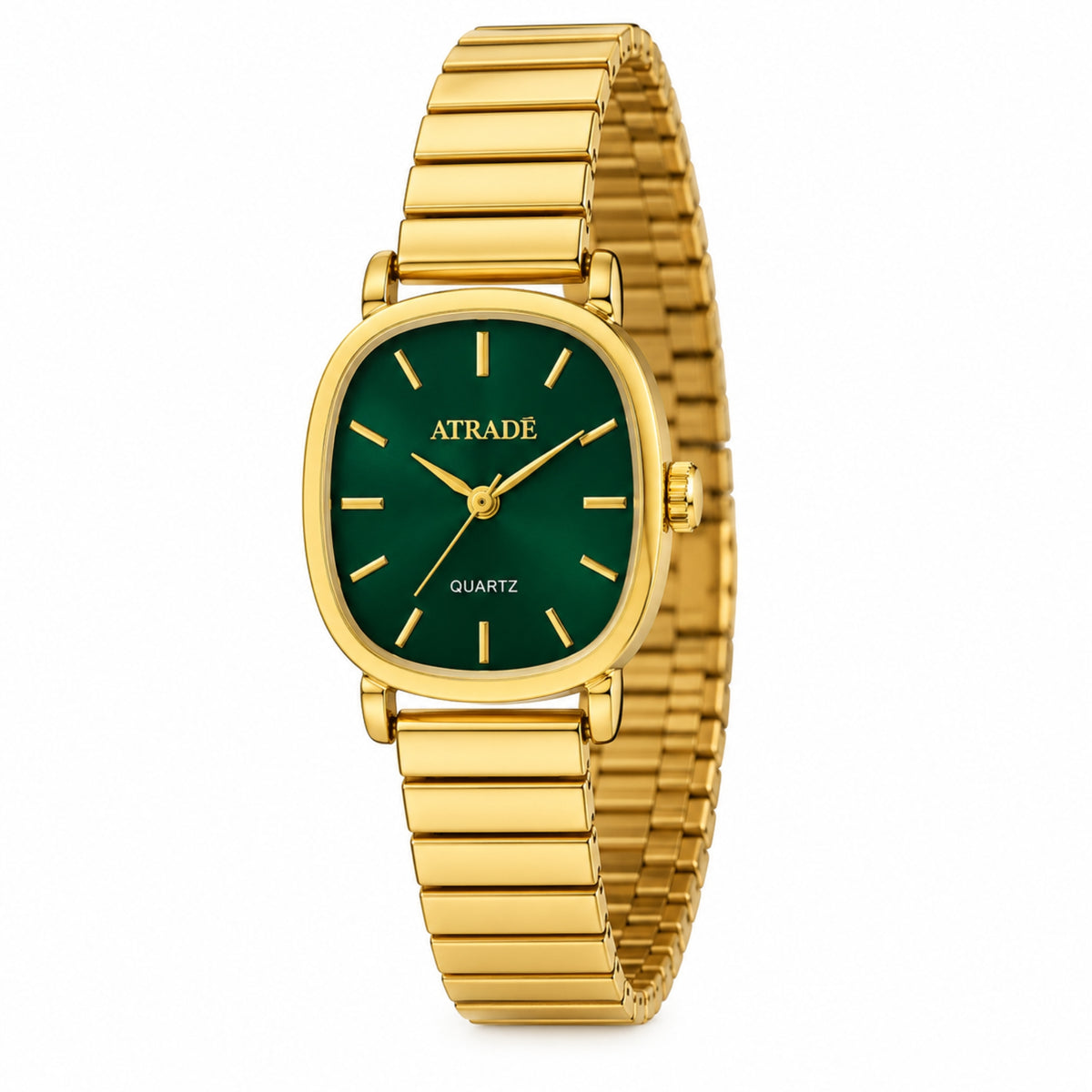 Women’s Gold-Tone Green Dial Quartz Watch with Cushion Case & Stretch Link Bracelet