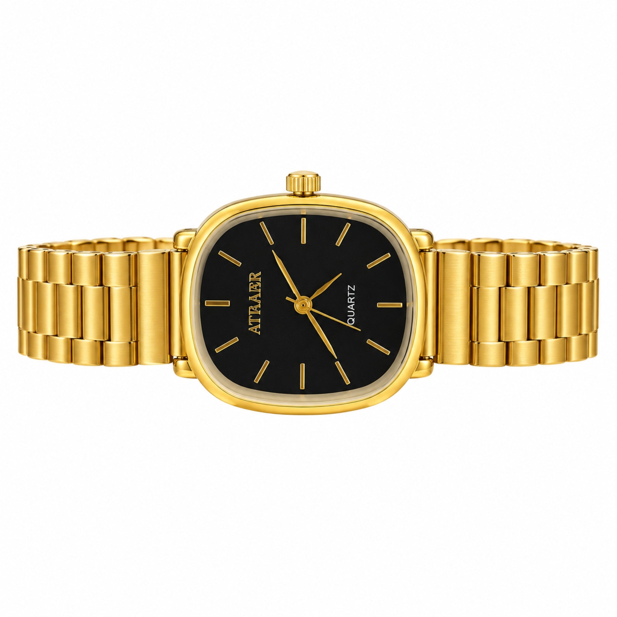 Interstellar Minimalist Square Dial Gold-Plated Women's Watch with Black Face & Metal Link Bracelet