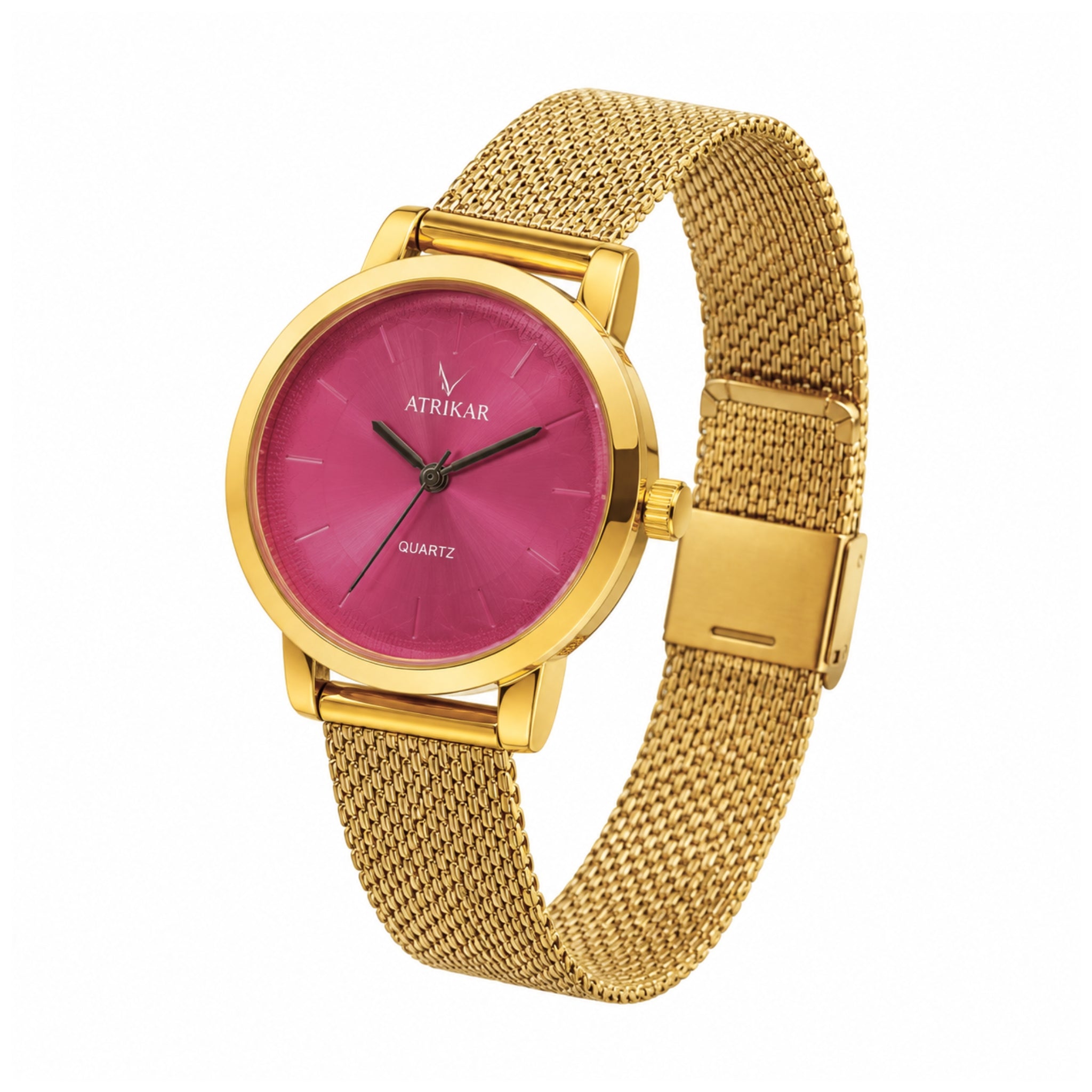 ATRIKAR Elegant Gold-Tone Stainless Steel Mesh Watch with Vibrant Pink Dial for Women