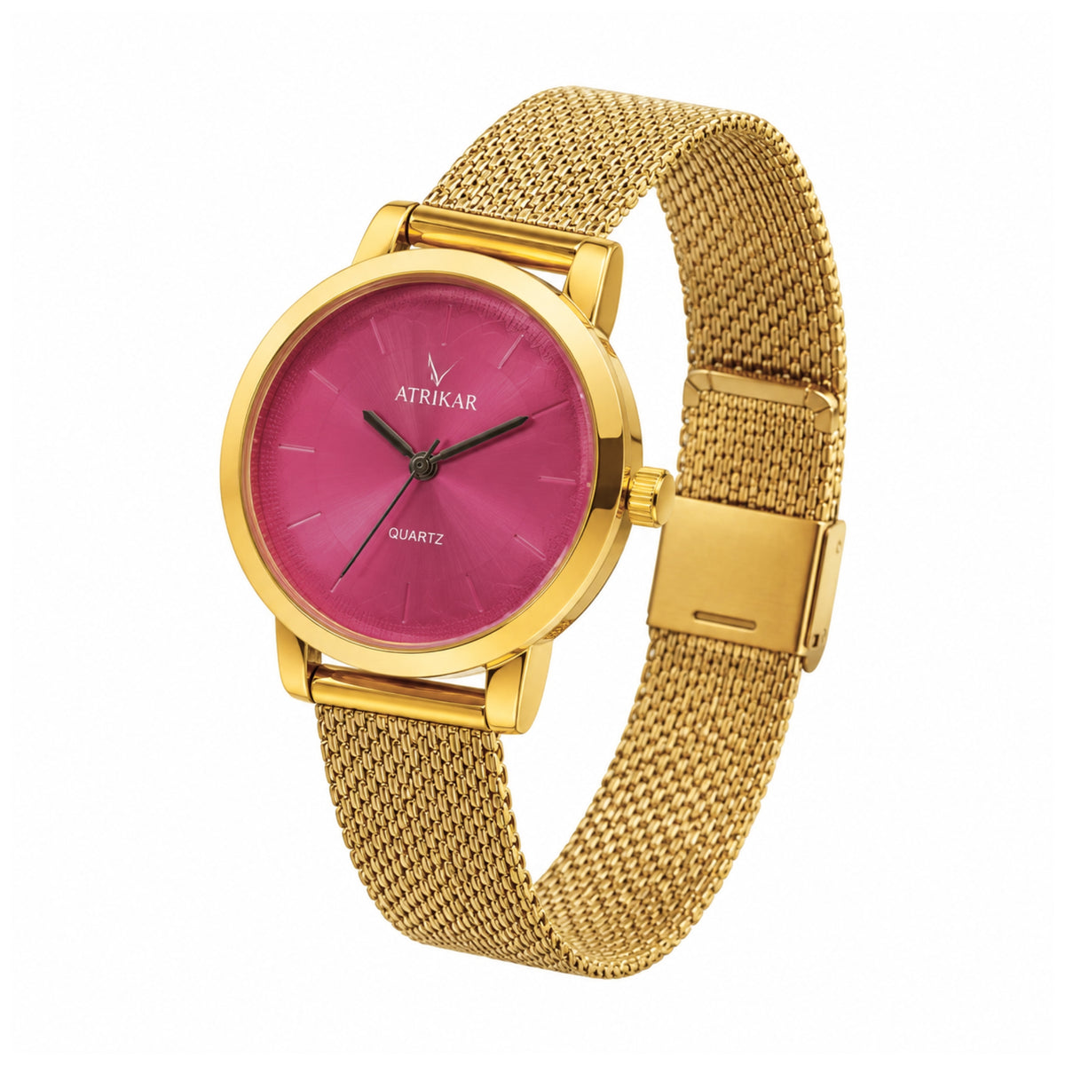 ATRIKAR Elegant Gold-Tone Stainless Steel Mesh Watch with Vibrant Pink Dial for Women