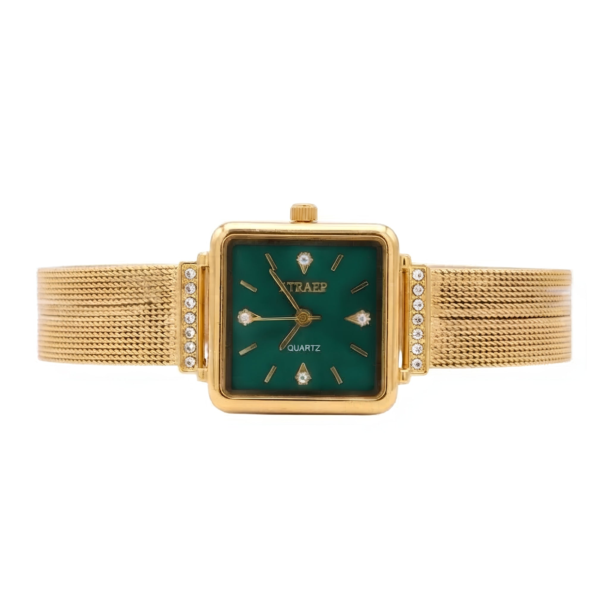 Elegance Square Gold-Plated Watch with Emerald Green Dial & Crystal Accents | Anti-Tarnish Daily Wear Timepiece