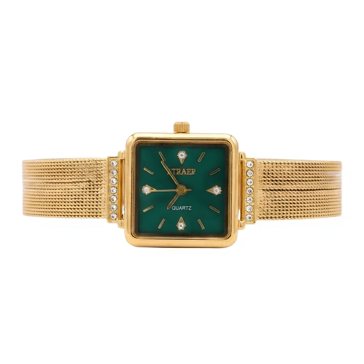 Elegance Square Gold-Plated Watch with Emerald Green Dial & Crystal Accents | Anti-Tarnish Daily Wear Timepiece