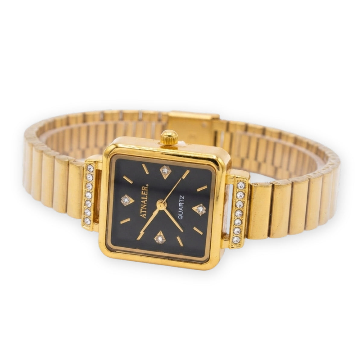 Elegance Square Gold-Plated Watch with Black Dial & Crystal Accents | Anti-Tarnish Daily Wear Timepiece