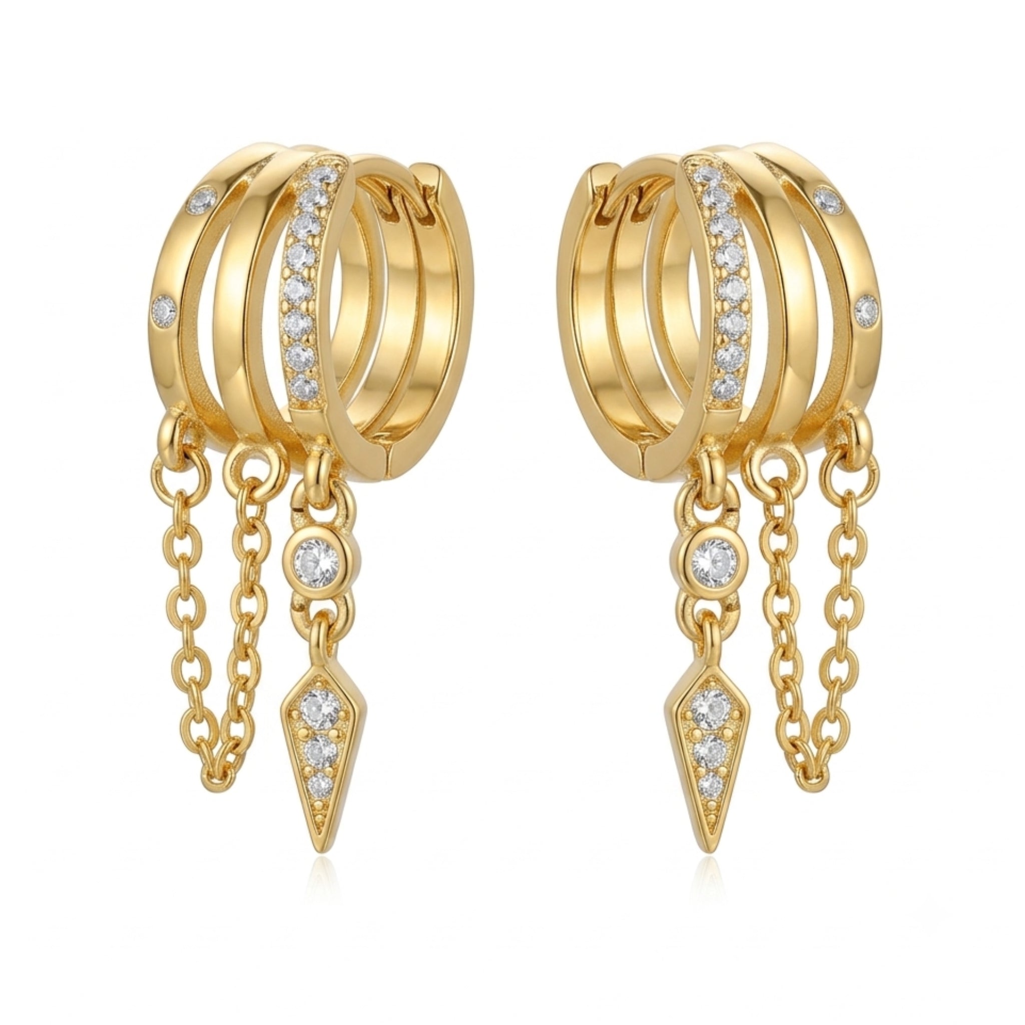 Gold Multi-Band Huggie Hoop Earrings with Dangle Chains & Zircon Arrow Charm