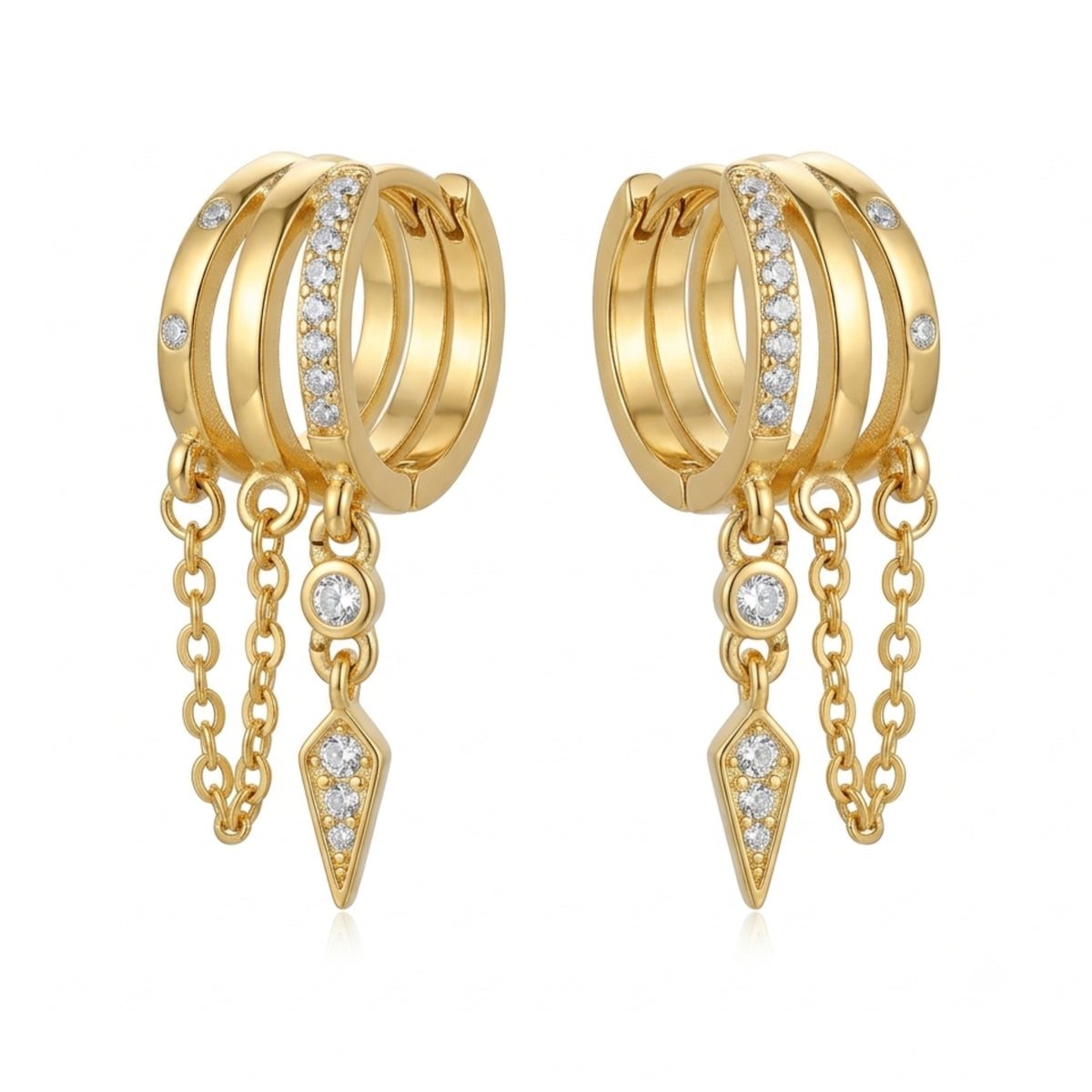 Gold Multi-Band Huggie Hoop Earrings with Dangle Chains & Zircon Arrow Charm