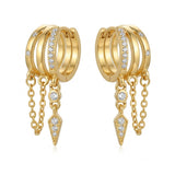Gold Multi-Band Huggie Hoop Earrings with Dangle Chains & Zircon Arrow Charm