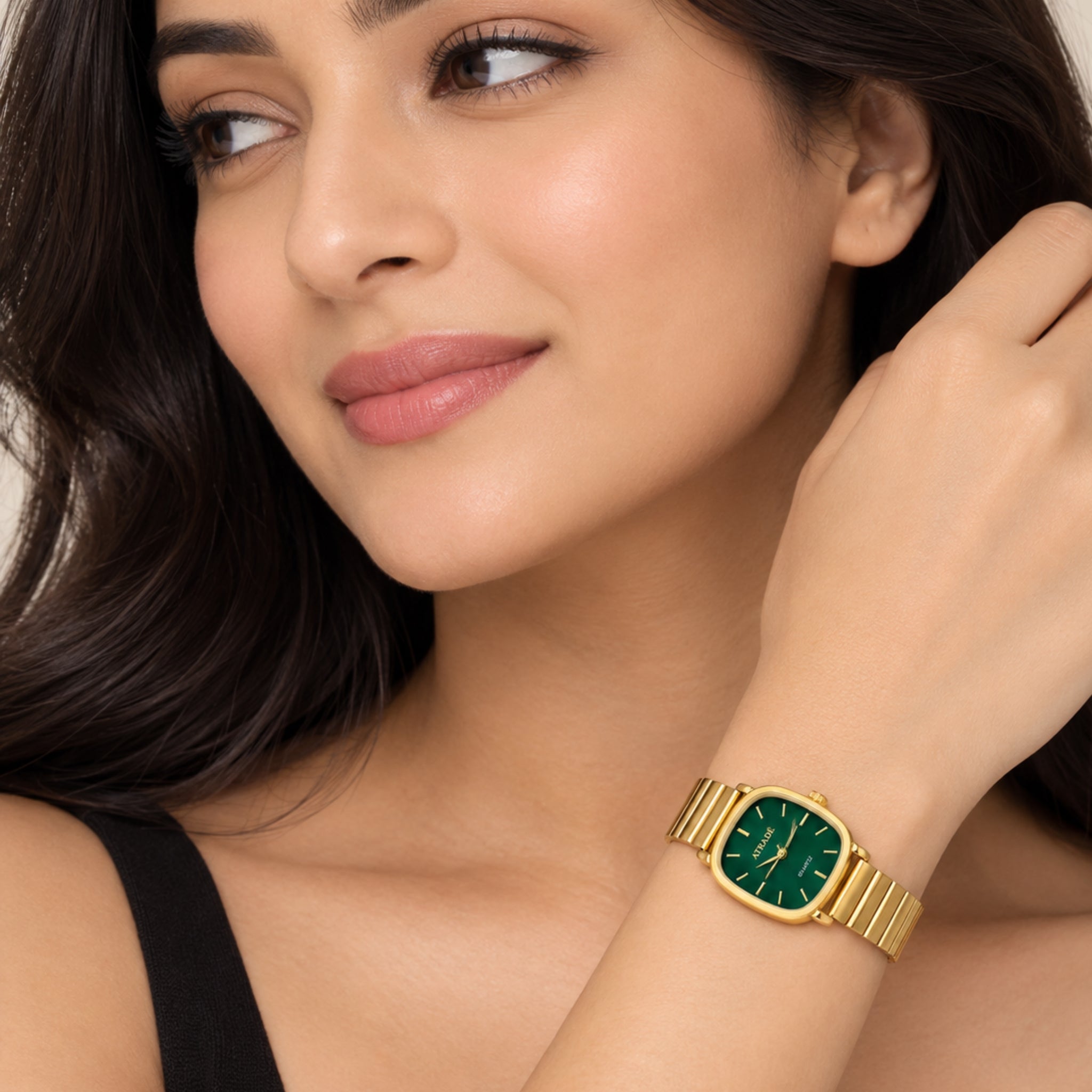 Women’s Gold-Tone Green Dial Quartz Watch with Cushion Case & Stretch Link Bracelet