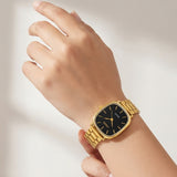 Interstellar Minimalist Square Dial Gold-Plated Women's Watch with Black Face & Metal Link Bracelet
