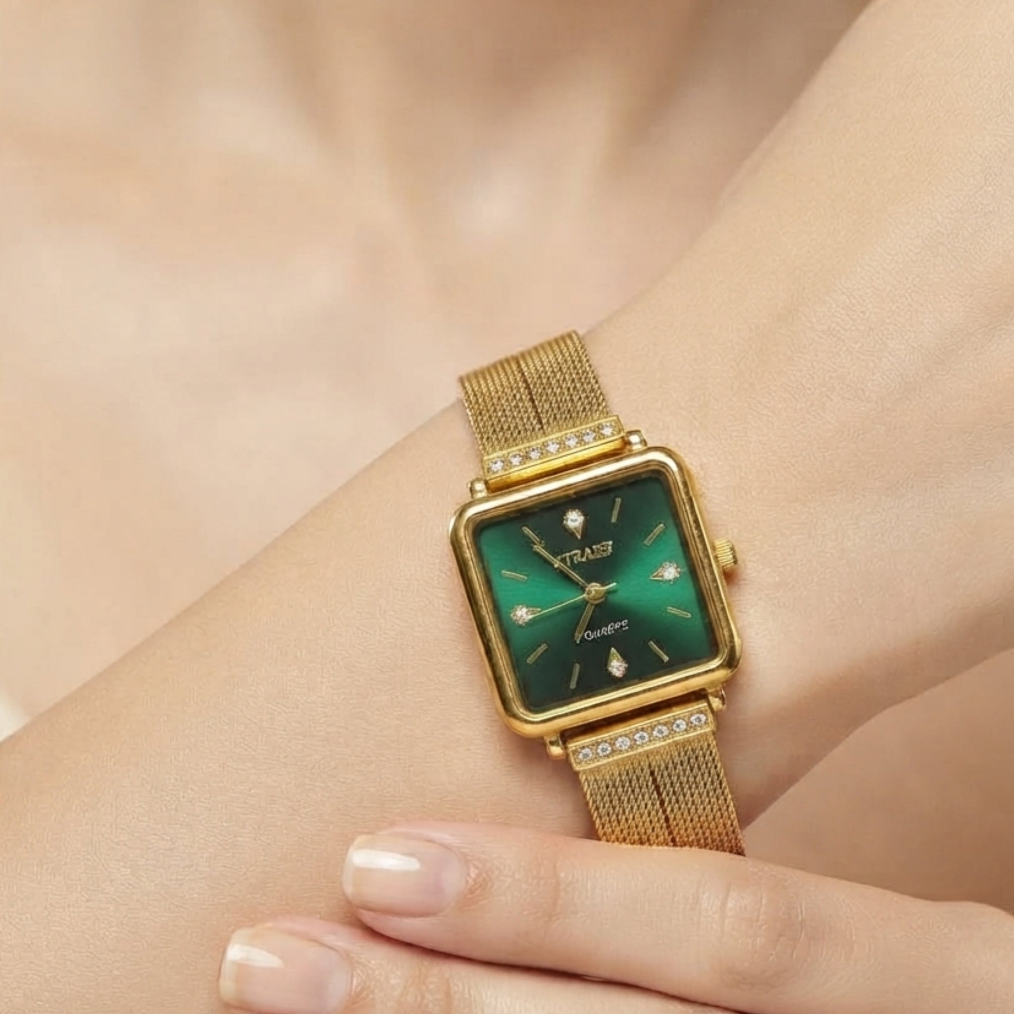 Elegance Square Gold-Plated Watch with Emerald Green Dial & Crystal Accents | Anti-Tarnish Daily Wear Timepiece