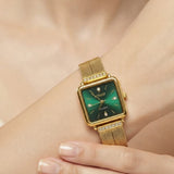 Elegance Square Gold-Plated Watch with Emerald Green Dial & Crystal Accents | Anti-Tarnish Daily Wear Timepiece