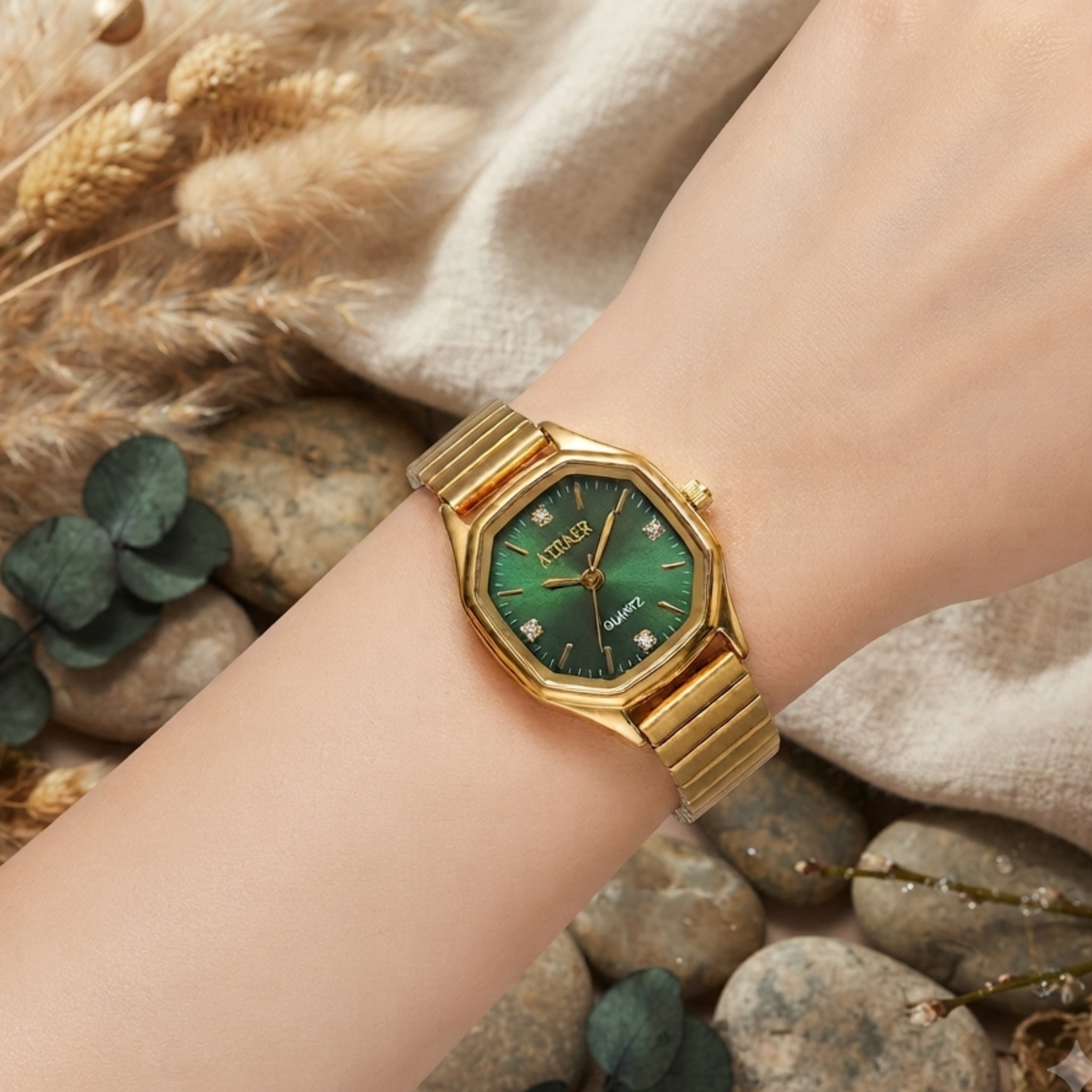 Atraer Luxury Emerald Green Dial Gold-Toned Stainless Steel Watch for Women