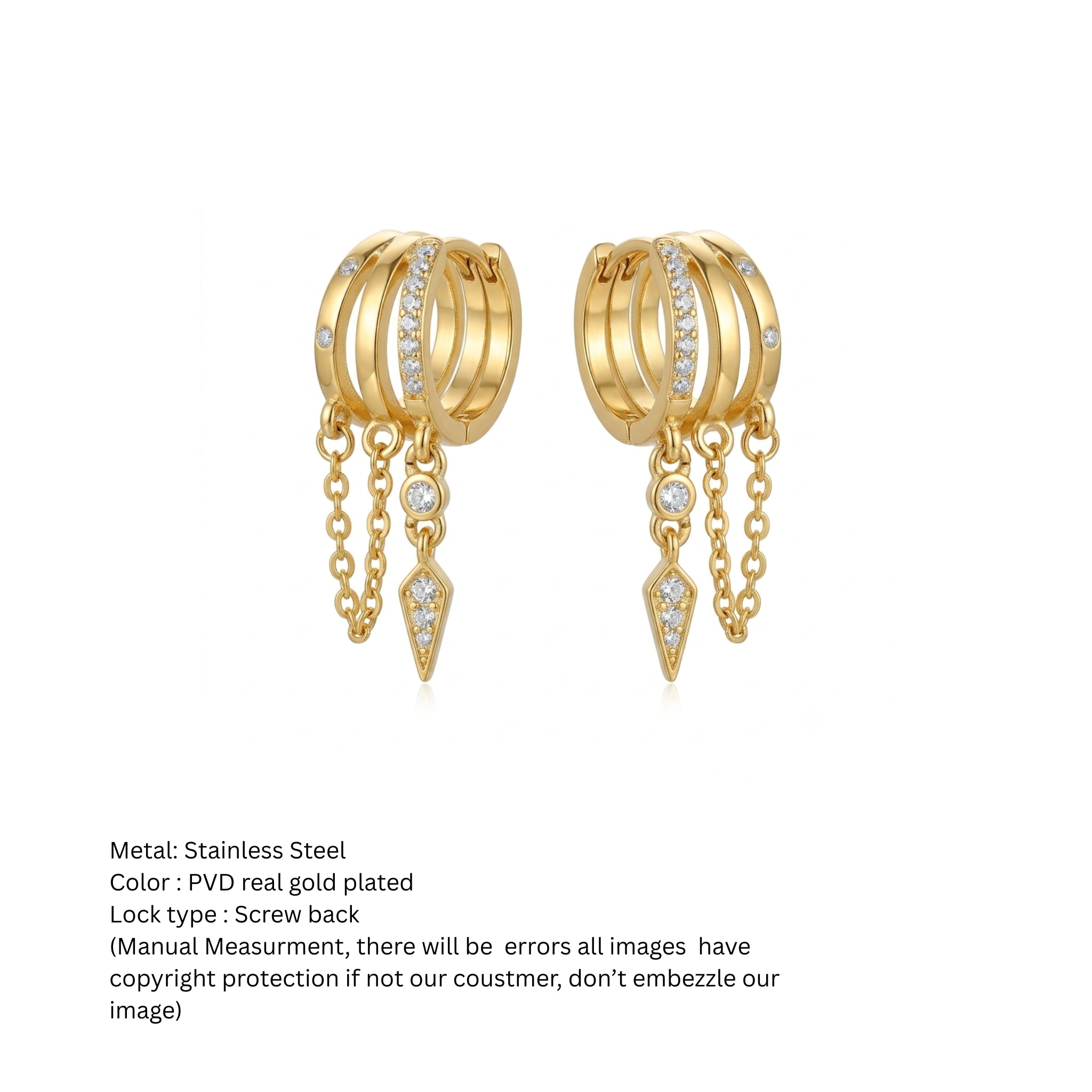 Gold Multi-Band Huggie Hoop Earrings with Dangle Chains & Zircon Arrow Charm