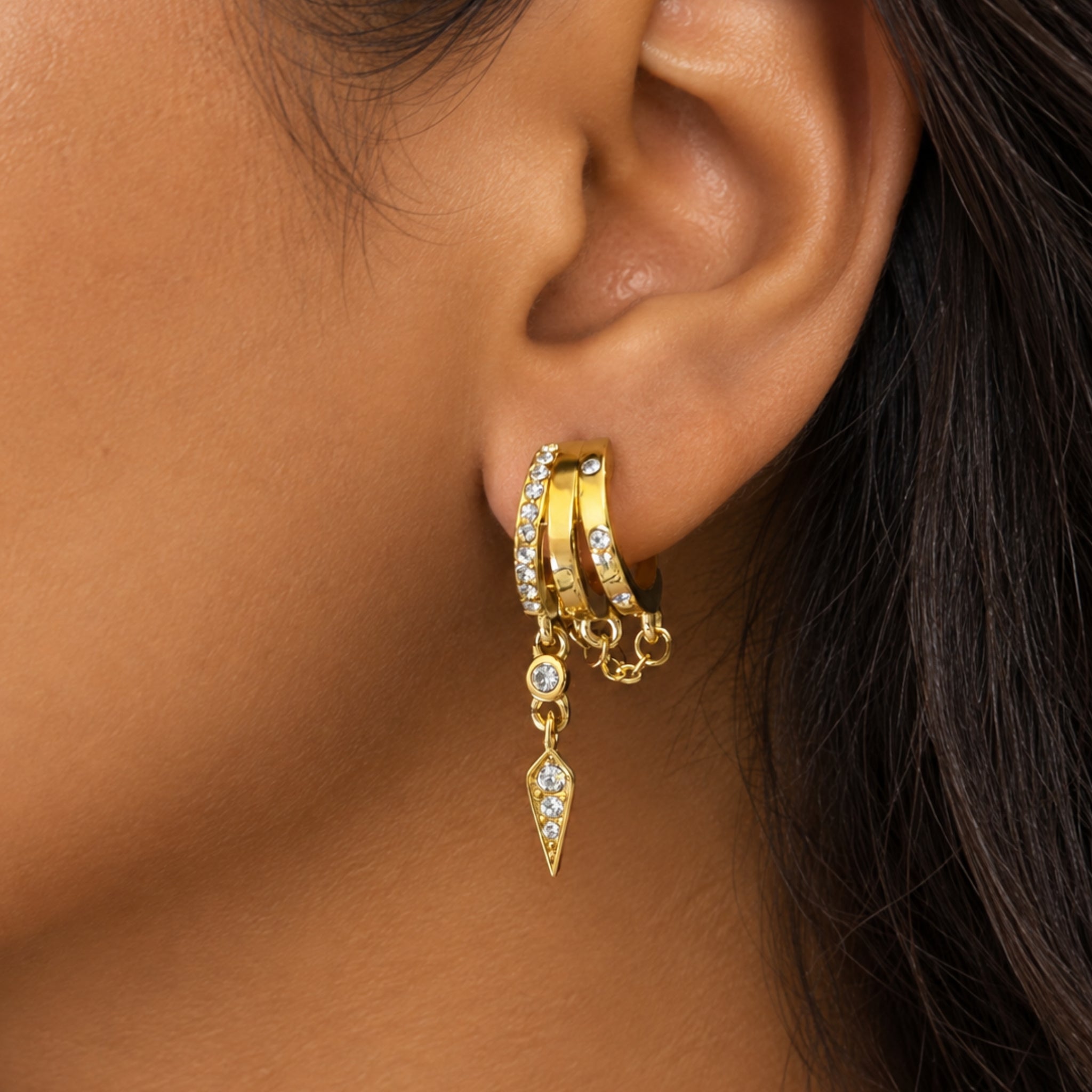 Gold Multi-Band Huggie Hoop Earrings with Dangle Chains & Zircon Arrow Charm