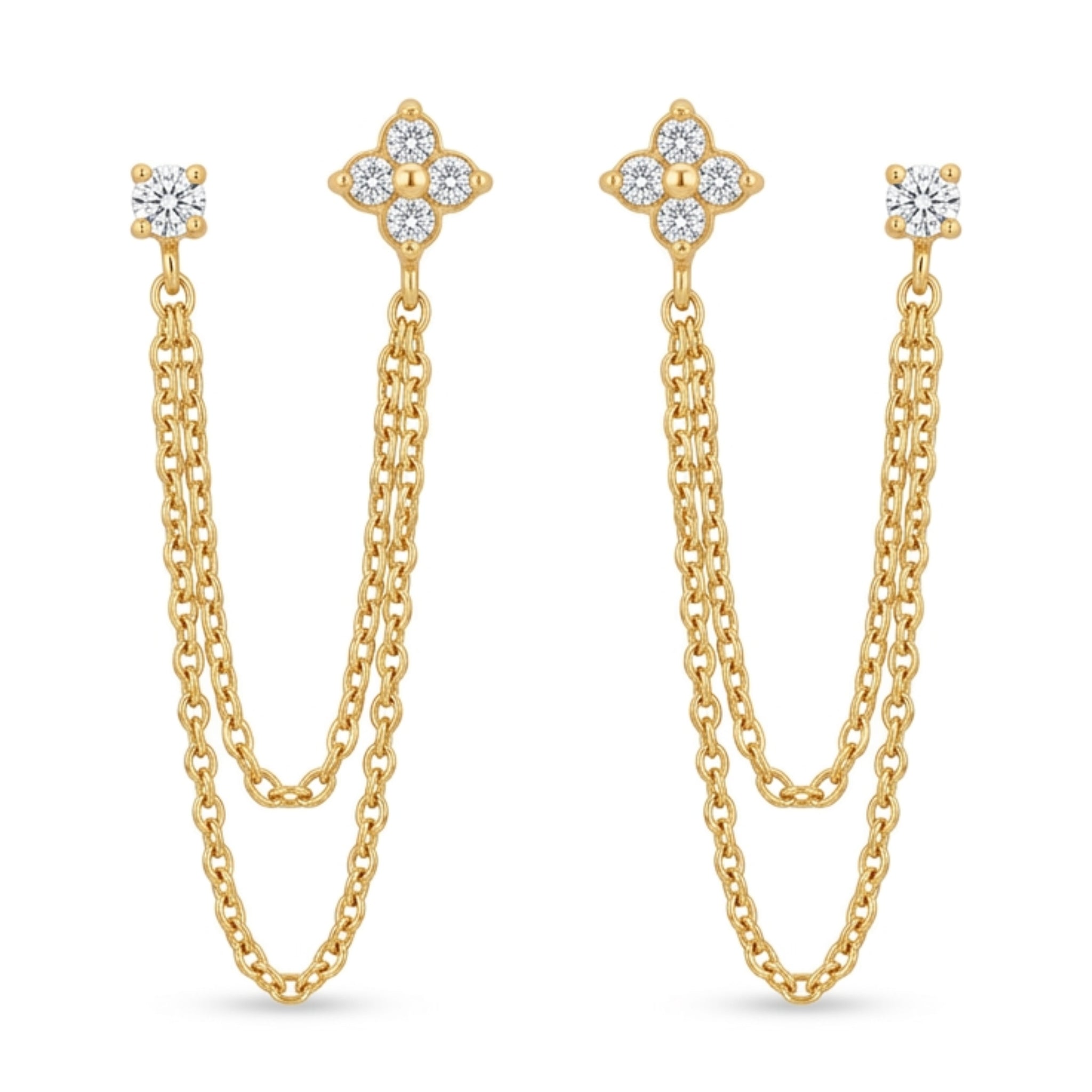 18K Gold PVD Plated Floral & Stud Double-Piercing Chain Earrings